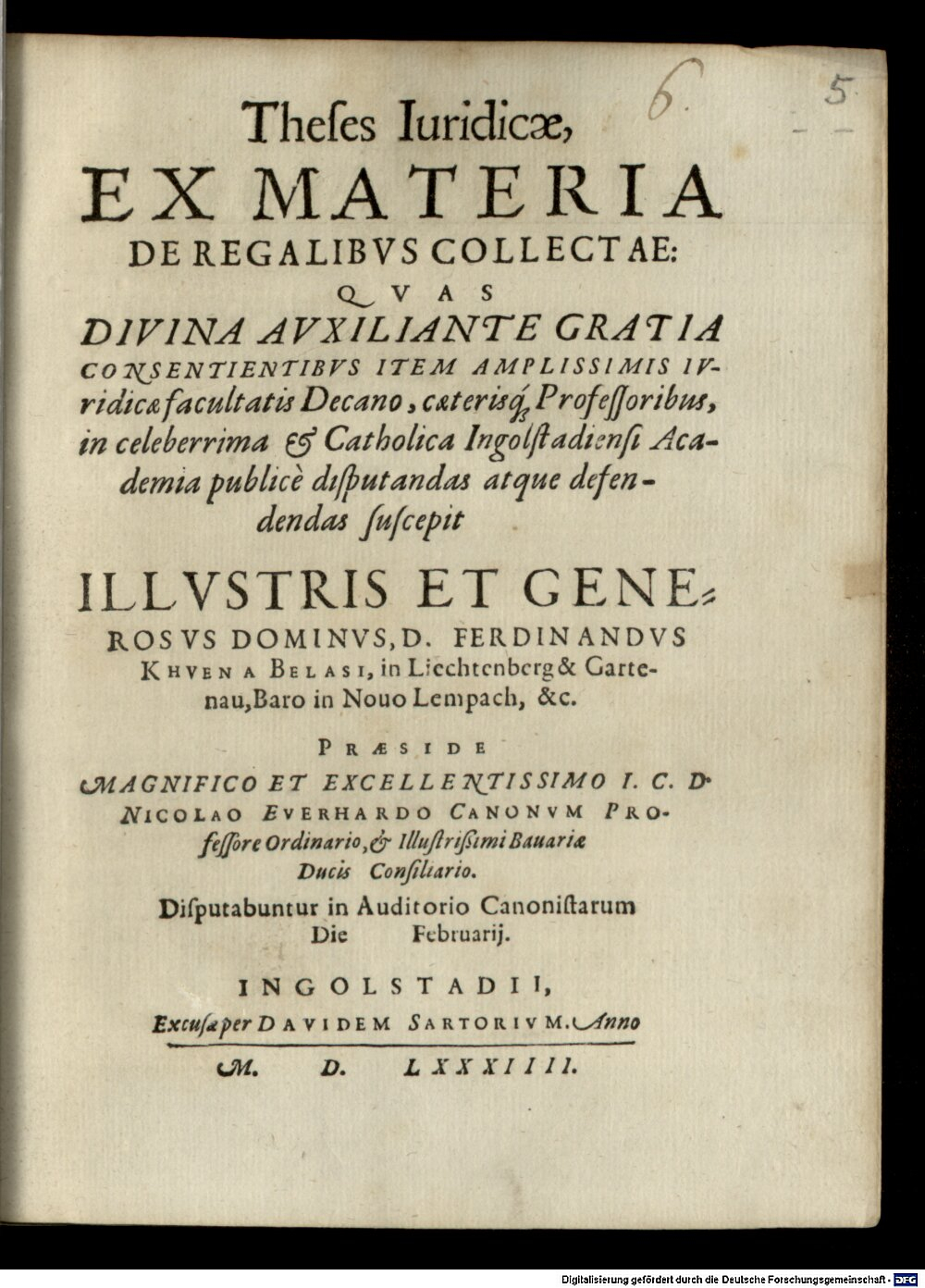Everardi, Nicolaus: Theses iuridicae ex materia de regalibus collectae Ingolstadii 1584 (4 Polem. 1254#Beibd.5)