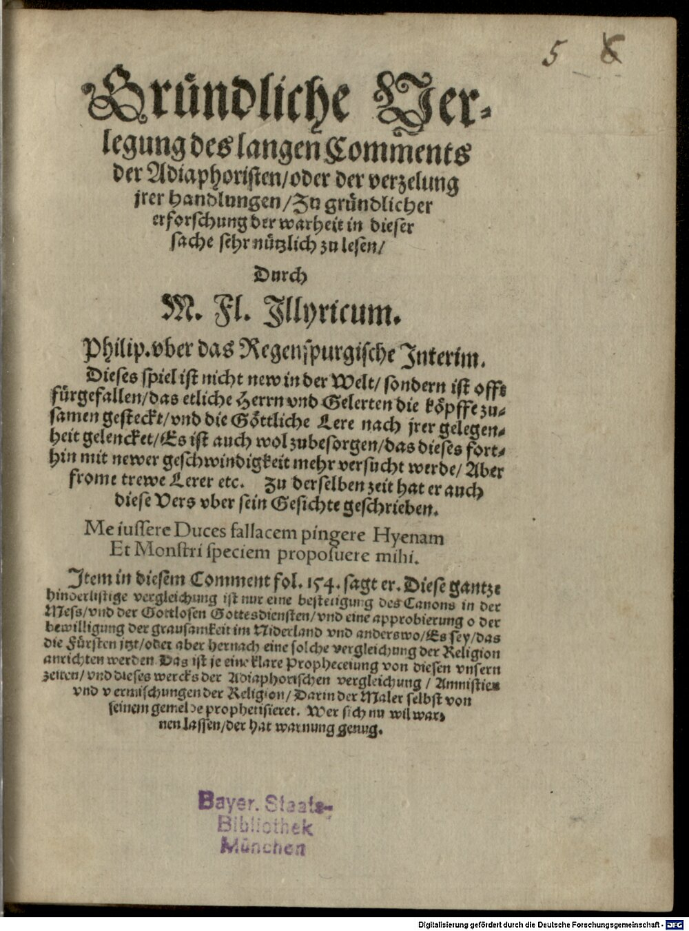 Flacius, Matthias: Gründliche Verlegung des langen Comments der Adiaphoristen Jhena 1560 (4 Polem. 2067#Beibd.5)