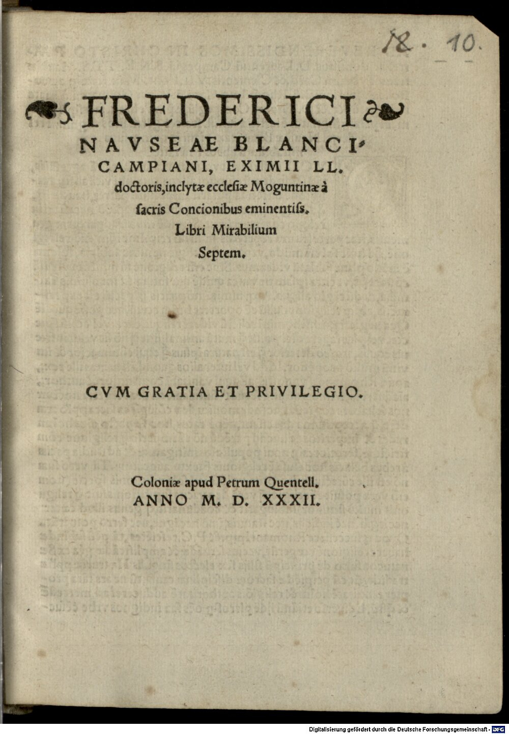 Nausea, Friedrich: Frederici Navseae Blancicampiani ... Libri Mirabilium Septem Coloniae 1532 (4 Polem. 2205#Beibd.10)