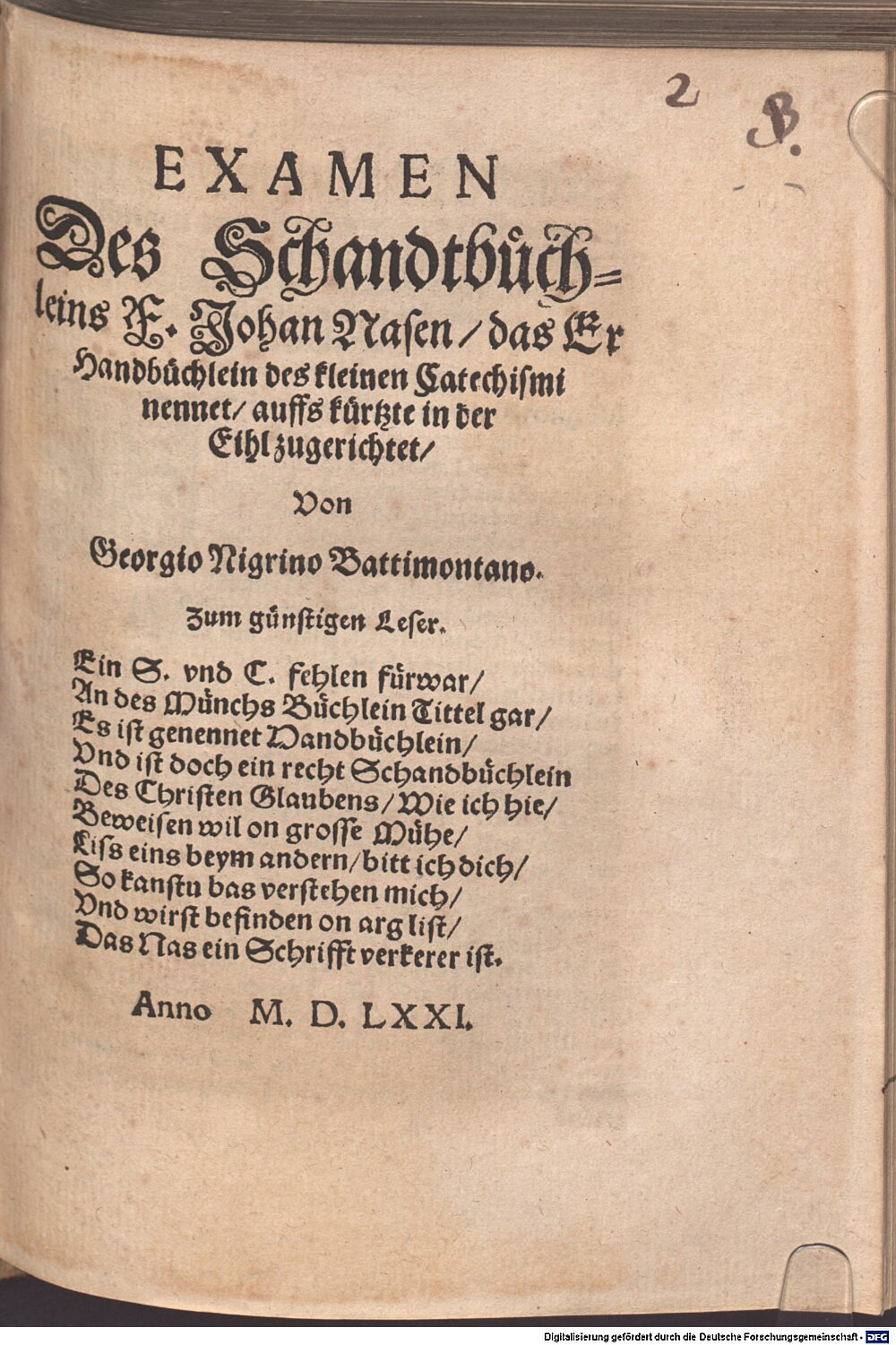 Nigrinus, Georg: Examen des Schandbüchleins F. Joh. Nasen Ursel 1571 (4 Polem. 2232#Beibd.2)