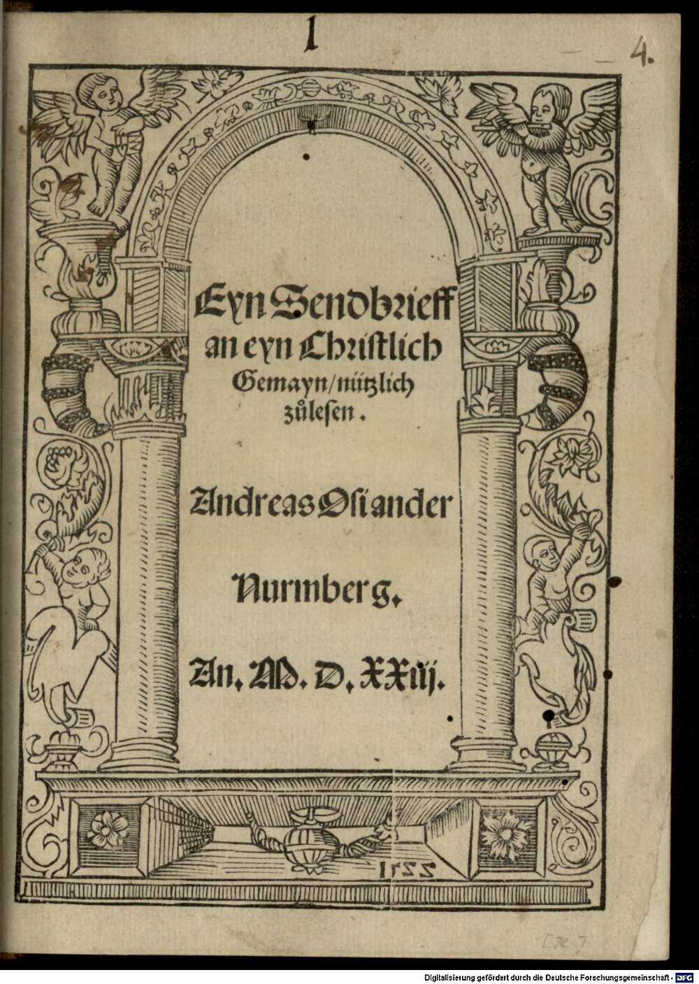 Osiander, Andreas: Eyn Sendbrieff an eyn Christlich Gemayn nützlich zulesen Nurmberg 1523 (Res/4 Asc. 283#Beibd.4)