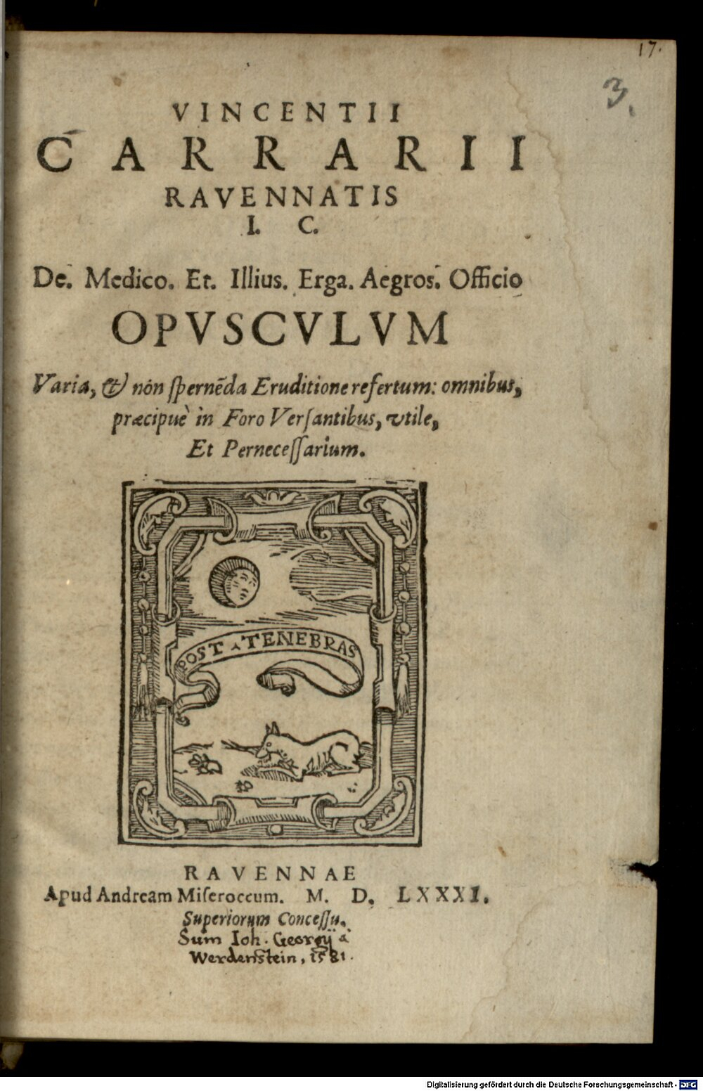 Carrari, Vincenzo: De medico et illius erga Aegros officio opusculum Ravenna 1581 (Res/4 A.obst. 20#Beibd.3)