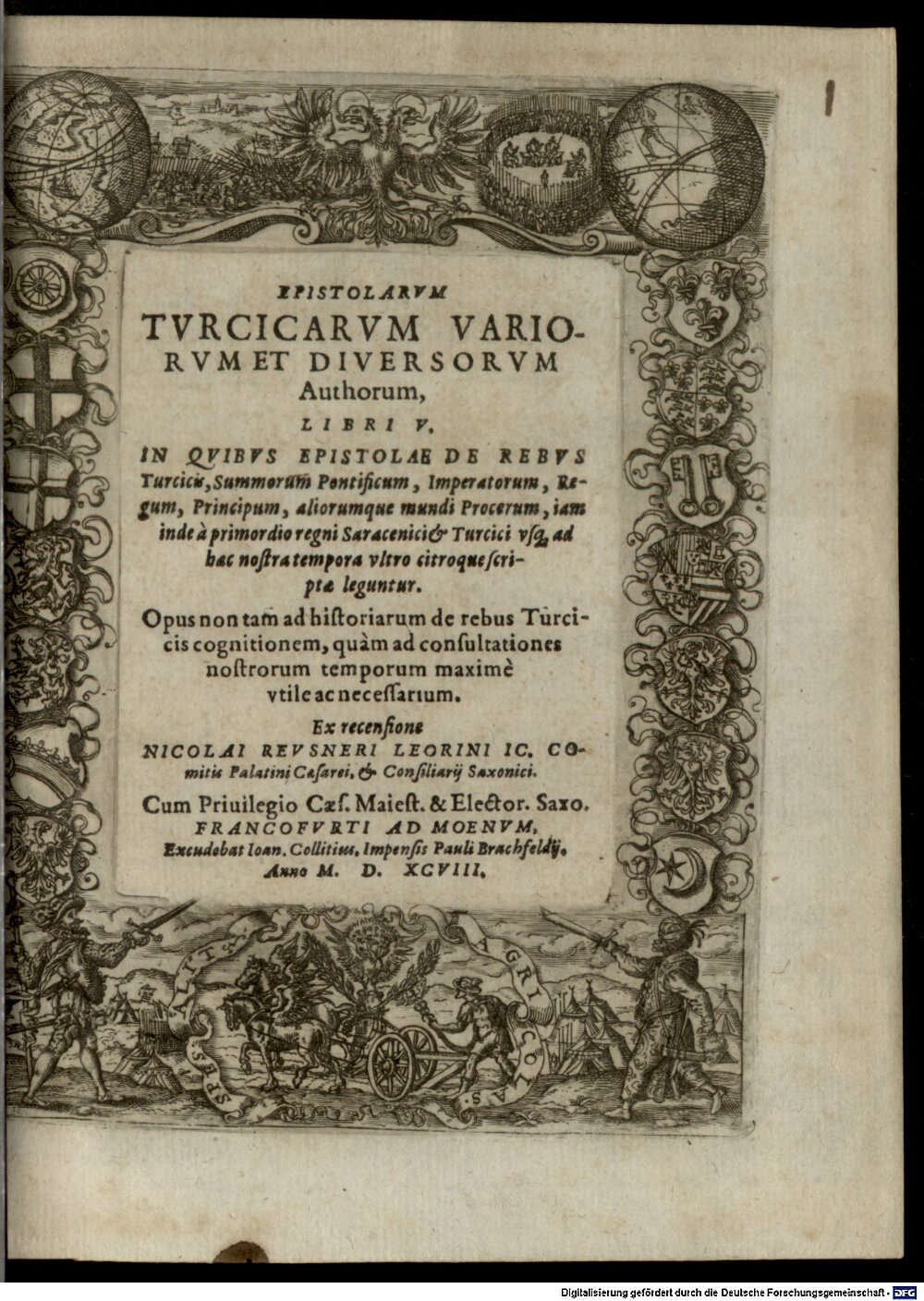 Reusner, Nikolaus: Epistolarum Turcicarum variorum et diversorum authorum libri V Francofurti ad Moenum 1598 (4 Ph.pr. 117#Beibd.1)