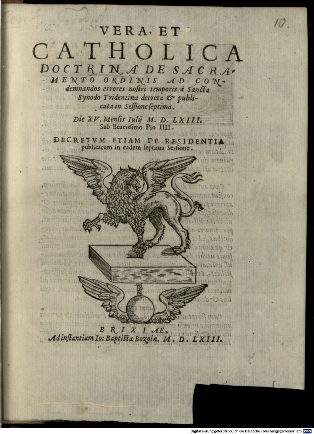 : Vera et Catholica Doctrina de Sacramento ordinis ad condemnandos errores nostri temporis ... Synod. Trident. in sessione septima Brixia 1563 (4 Conc. 268 b,10)