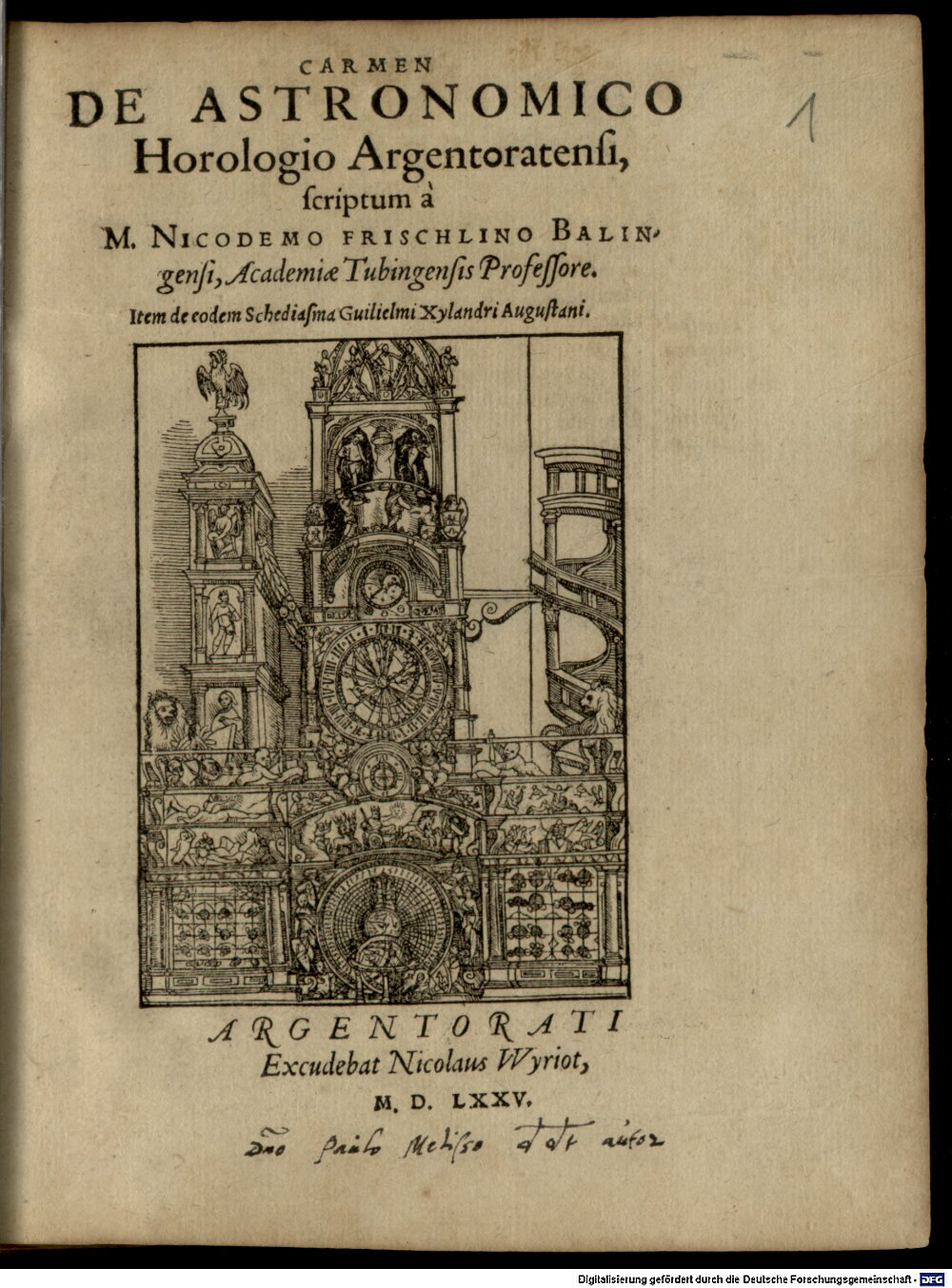Frischlin, Nicodemus: Carmen de astronomico horologio Argentoratensi Argentoratum 1575 (Res/4 A.gr.b. 704#Beibd.1)
