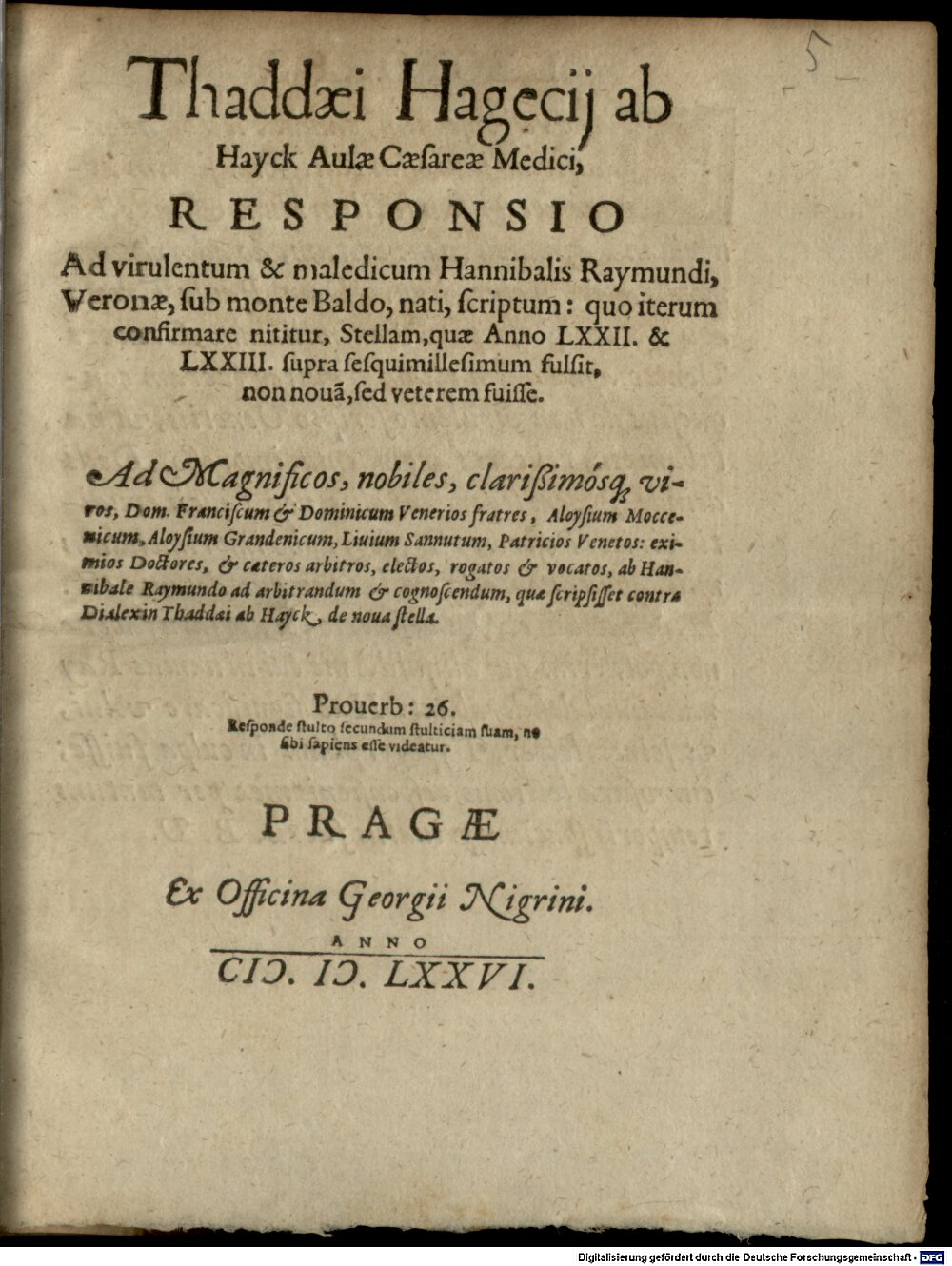 Hájek z Hájku, Tadeáš: Responsio ad Han. Raymundi scriptum Praga 1576 (Res/4 A.gr.b. 704#Beibd.5)