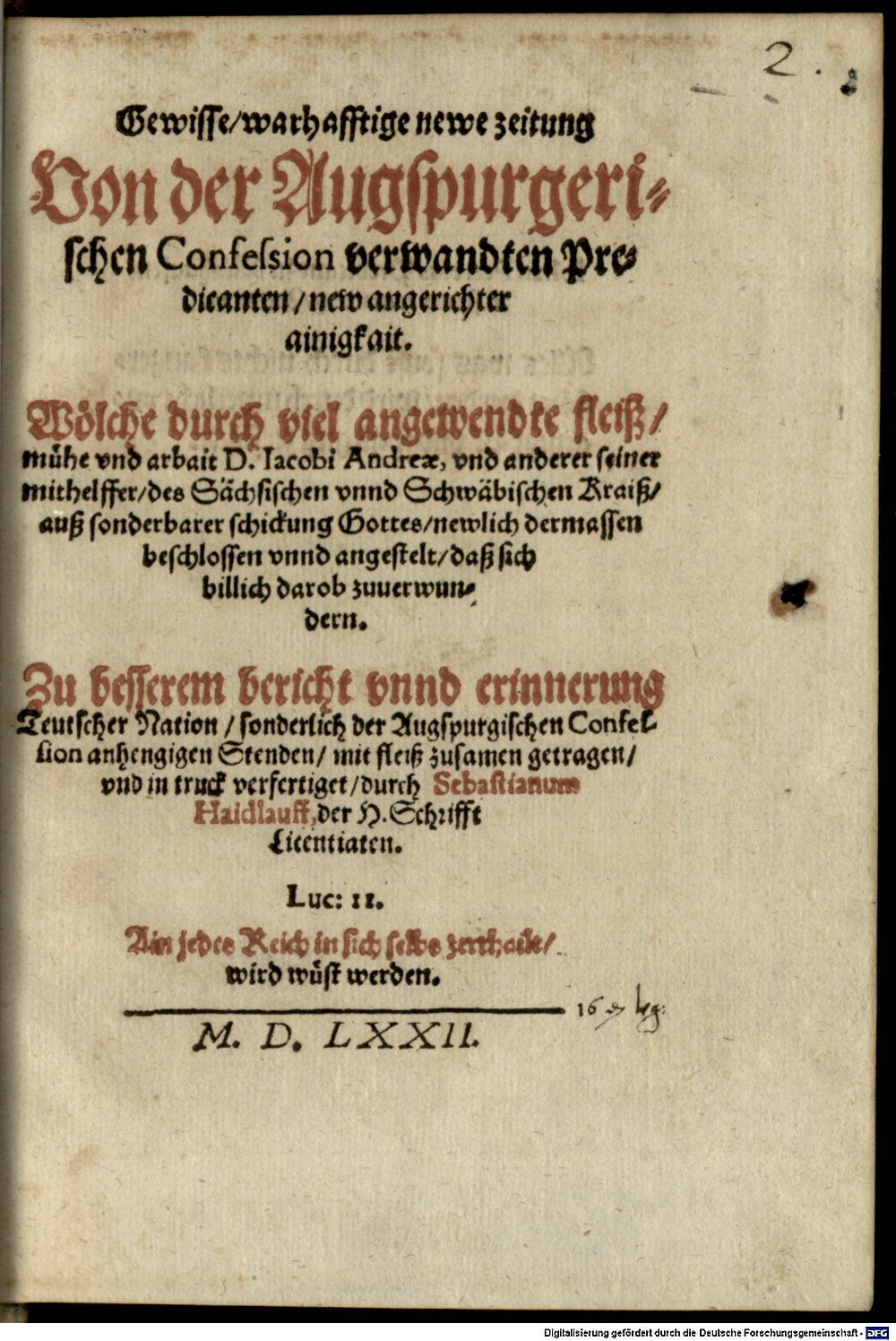 Haidlauff, Sebastian: Gewisse warhafftige newe Zeitung von der Augspurgerischen Confession verwandten Predicanten new angerichter Ainigkeit München 1572 (4 Polem. 2797#Beibd.1)
