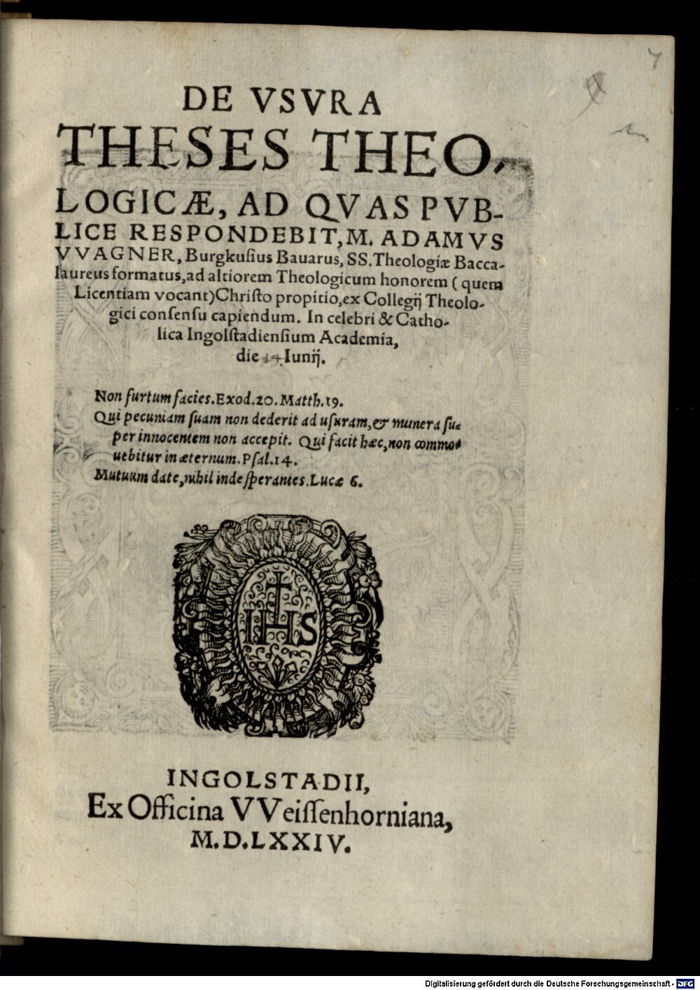 Wagner, Adam: De usura theses theologicae Ingolstadii 1574 (4 Polem. 2981#Beibd.7)