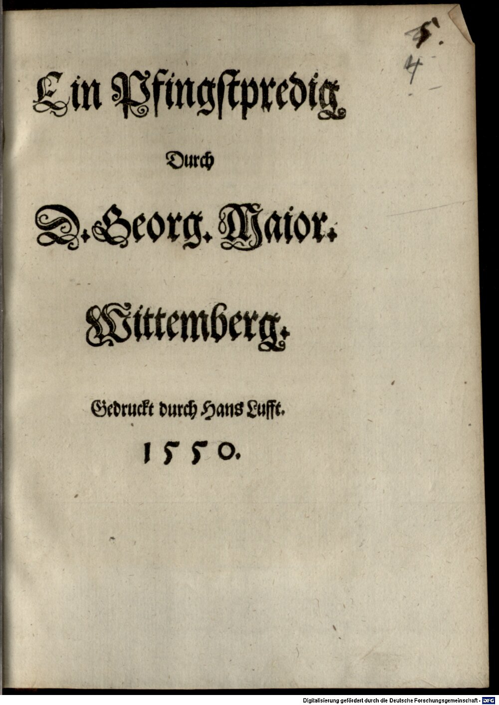 Maior, Georg: Ein Pfingstpredig Wittemberg 1550 (Res/4 Asc. 527#Beibd.4)