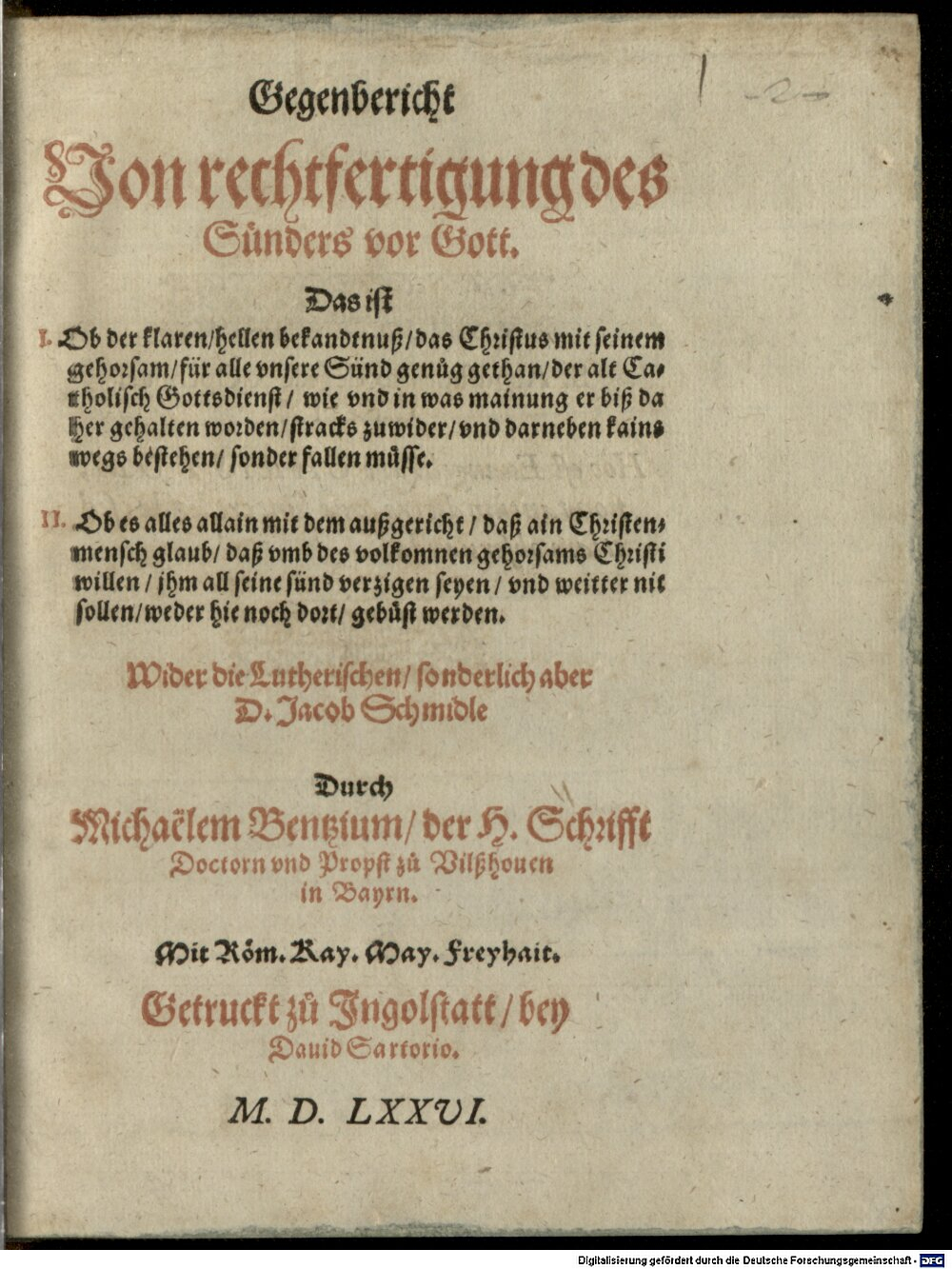 Bentzius, Michael: Gegenbericht von rechtfertigung des Sünders vor Gott Ingolstatt 1576 (4 Polem. 1291#Beibd.1)
