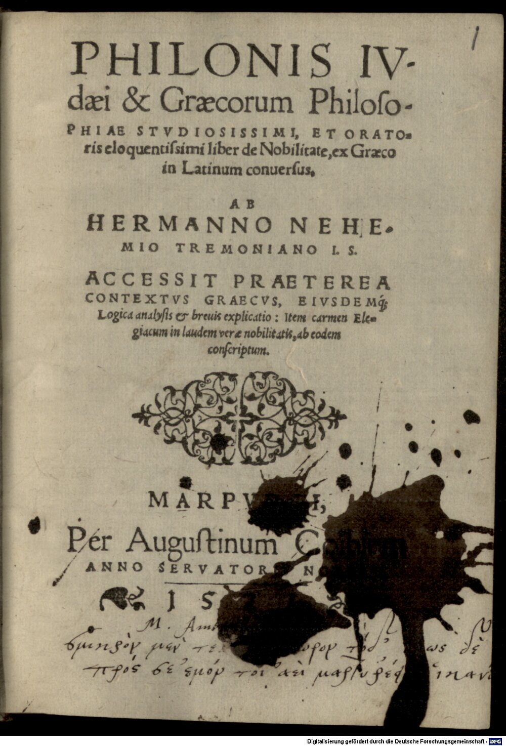 Philo <Alexandrinus>: Liber de nobilitate Marpurgum 1571 (Res/4 A.gr.a. 855#Beibd.1)