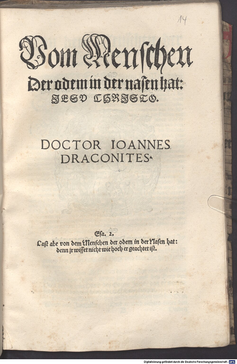 Draconites, Johannes: Vom Menschen Der odem in der nasen hat: Jesu Christo Rostock 1552 (Res/4 Hom. 2404 o#Beibd.14)