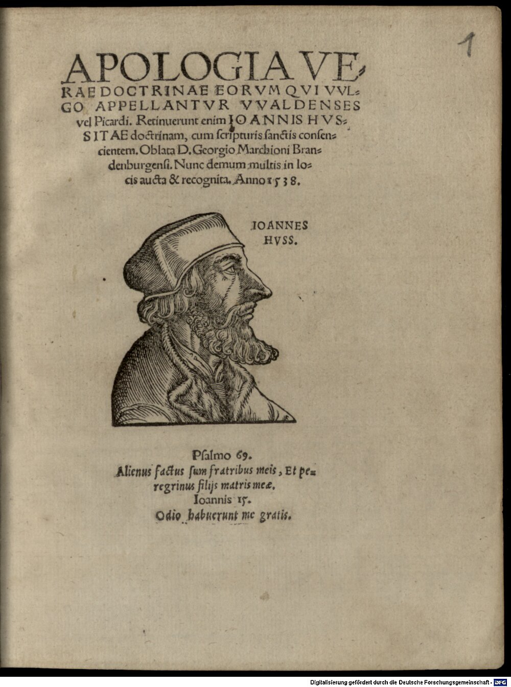 Hus, Jan: Apologia verae doctrinae eorum qui vulgo appellantur Waldenses vel Picardi Vitebergg 1538 (Res/4 H.eccl. 213#Beibd.1)