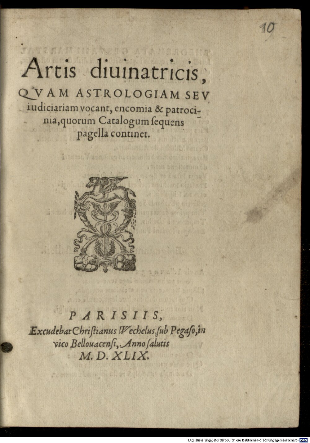 Marstaller, Gervasius: Artis divinatricis quam Astrologiam ... vocant encomia Parisii 1549 (Res/4 J.rom.m. 250#Beibd.10)