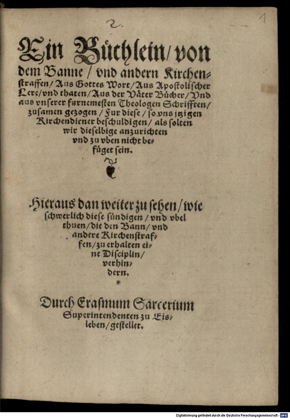 Sarcerius, Erasmus: Ein Büchlein von dem Banne Eisleben 1555 (Res/4 J.can.p. 438#Beibd.1)