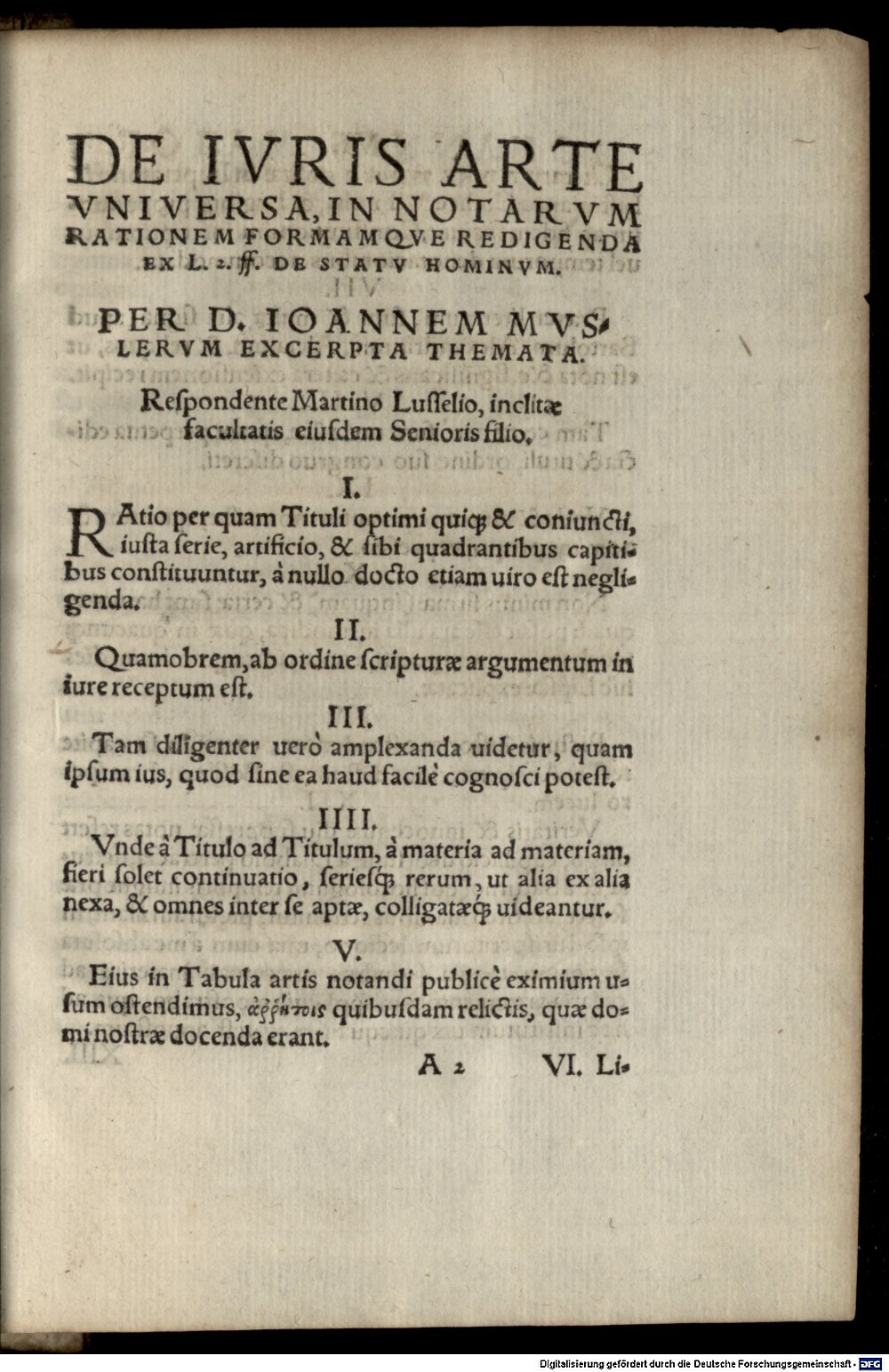 Musler, Johann: De iuris arte universa ... Lipsiae 1552 (Res/4 J.can.u. 93#Beibd.2)