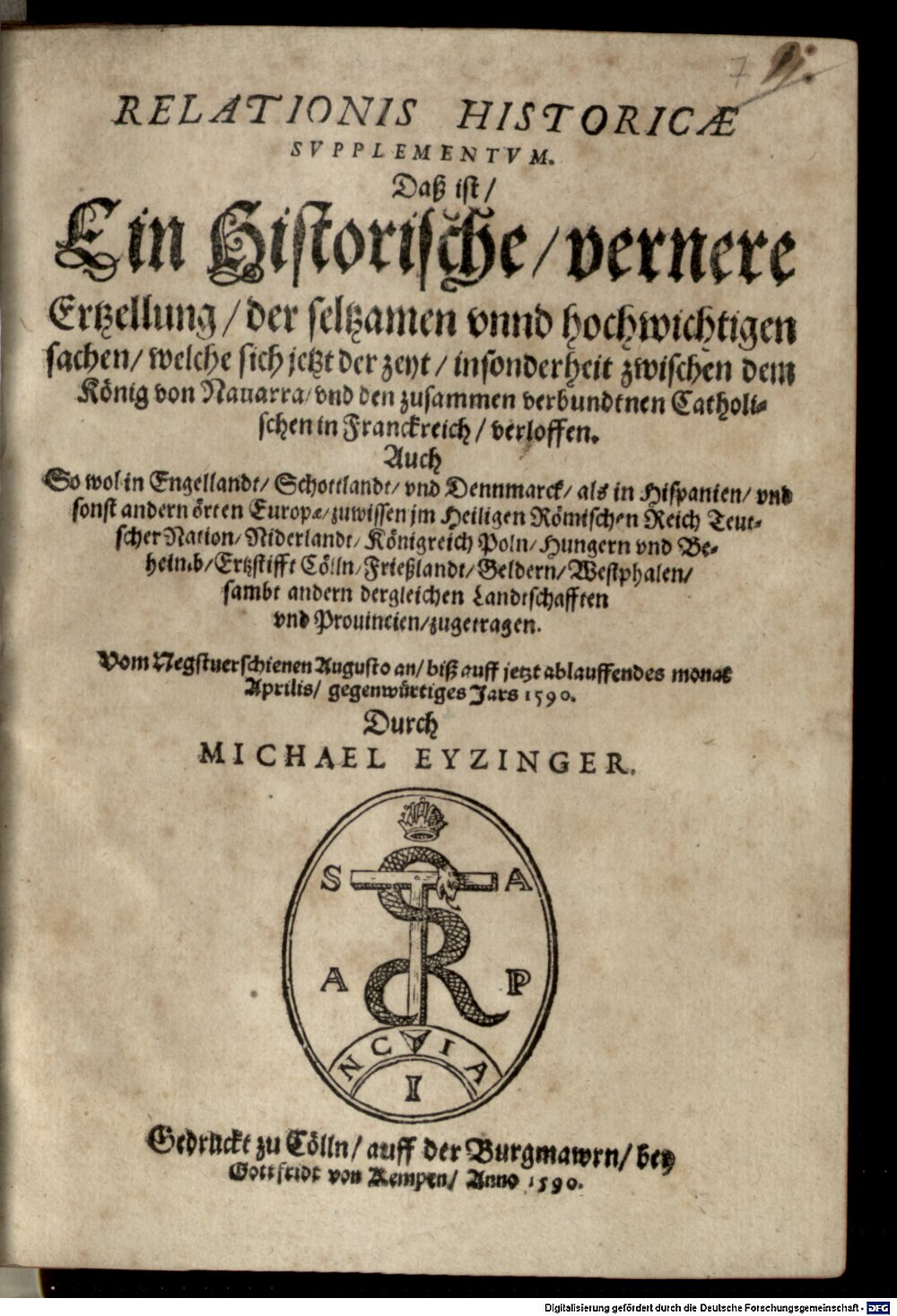 Aitzing, Michael von: Relationis Historicae Supplementum Cölln 1590 (Res/4 Eph.pol. 24 u-5/8#Band7)