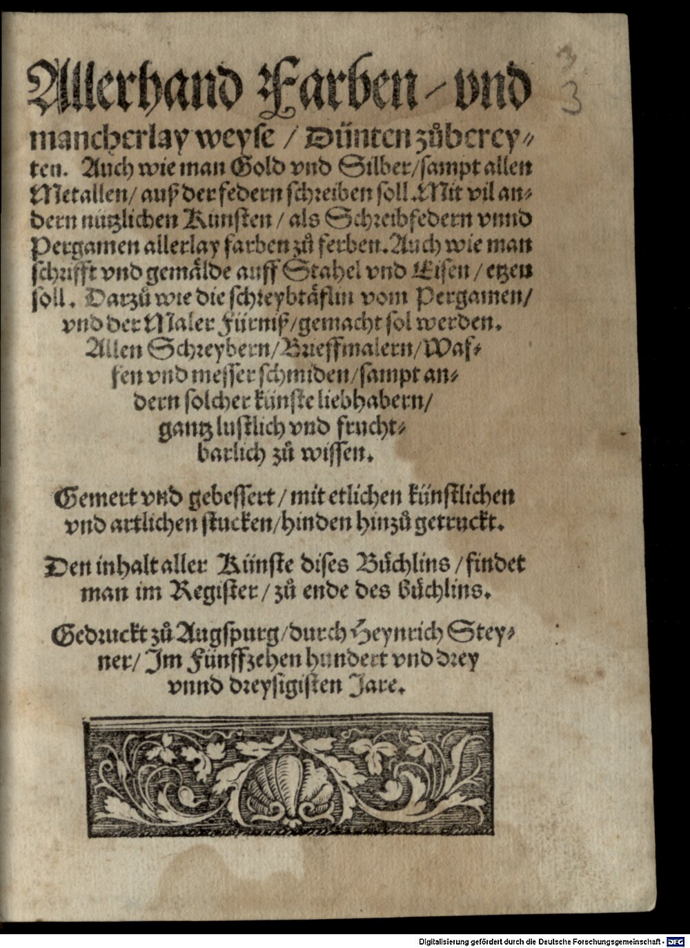 : Allerhand Farben vnd mancherlay weyse Dünten z?bereyten Augspurg 1533 (Res/4 J.pract. 85#Beibd.3)