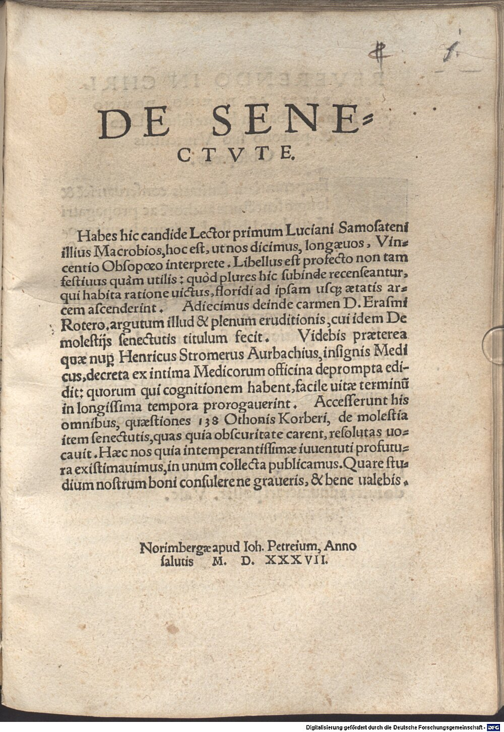 Lucianus <Samosatensis>: De senectute Norimberga 1537 (4 Path. 172#Beibd.1)