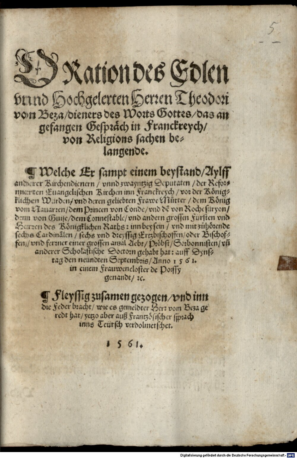 Bèze, Théodore de: Oration des Edlen vnnd Hochgelerten Herren Theodori von Beza dieners des Worts Gottes das angefangen Gespräch in Franckreych von Religions sachen belangende Haydelberg 1561 (Res/4 Gall.g. 28#Beibd.5/6)