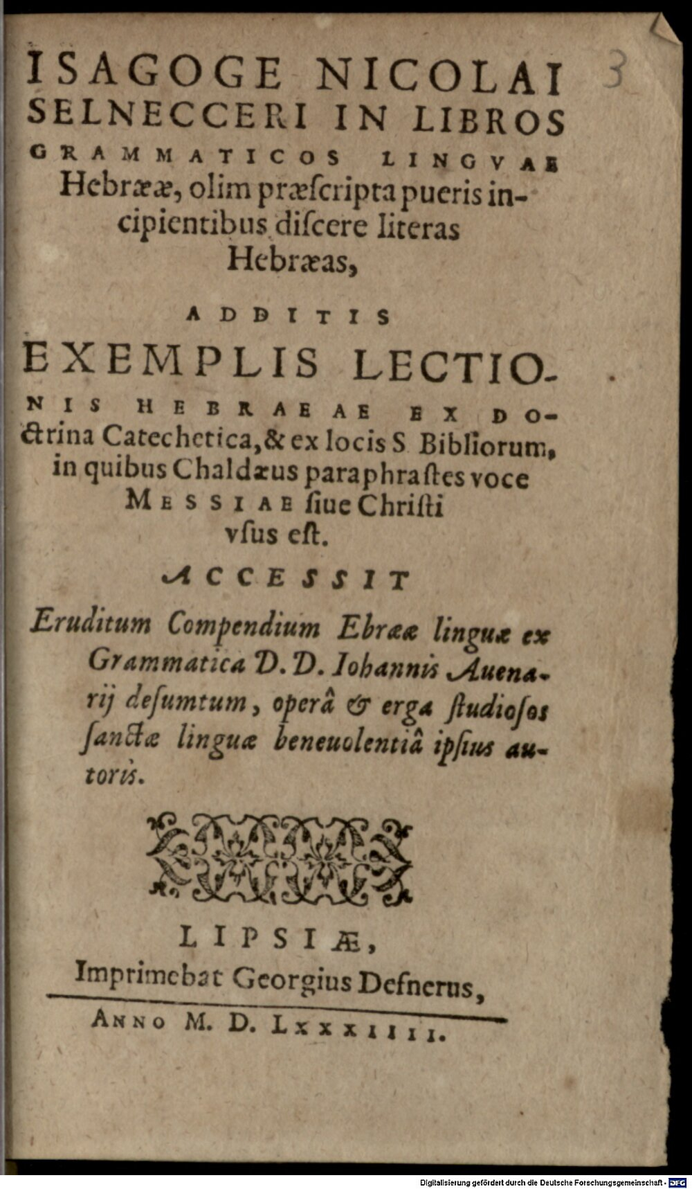 Selnecker, Nikolaus: Isagoge in libros grammaticos linguae hebraeae Lipsia 1584 (Res/Polygl. 6#Beibd.3)
