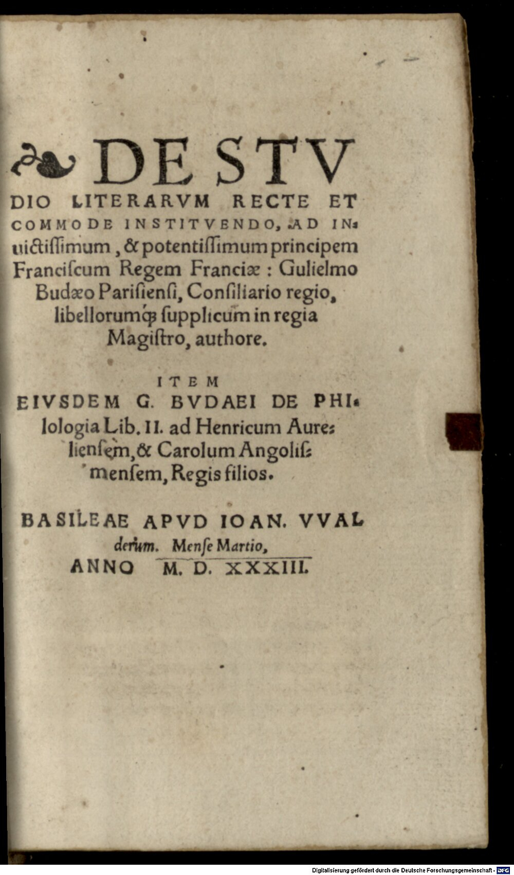 Budé, Guillaume: De studio literarum recte instituendo Basilea 1533 (Res/H.misc. 303#Beibd.1)