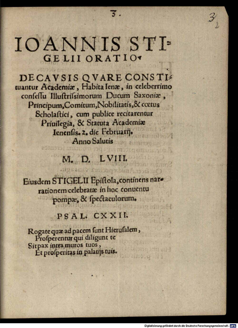 Stigel, Johann: Ioannis Stigelii Oratio De Cavsis Qvare Constituantur Academiae Ienae 1558 (Res/Exeg. 1363 p#Beibd.2)
