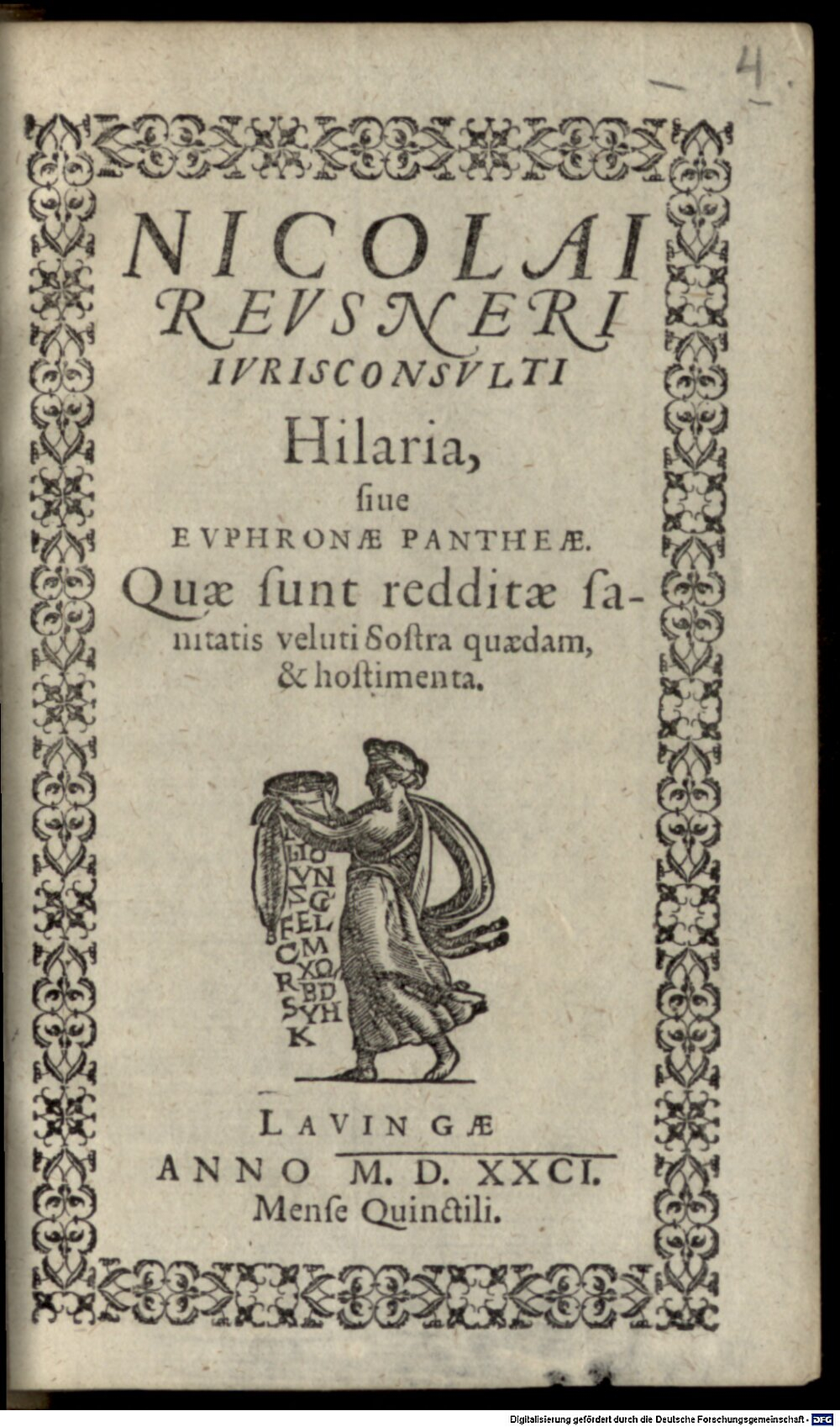 Reusner, Nikolaus: Hilaria, sive Euphronae Pantheae Lavingae 1581 (Res/Hom. 1129#Beibd.4)