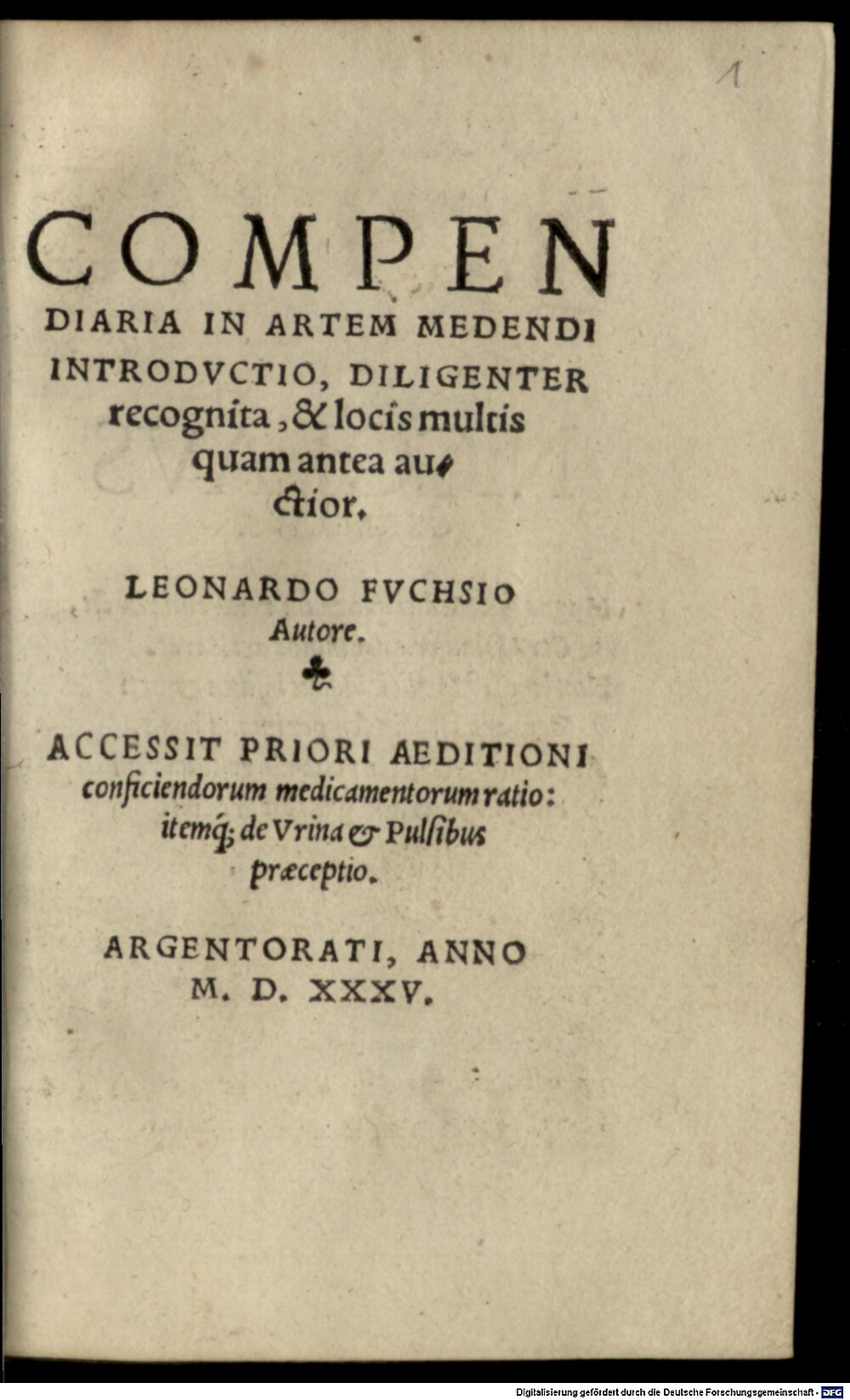 Fuchs, Leonhart: Compendiaria in artem medendi introductio Argentoratum 1535 (Res/A.gr.b. 2377#Beibd.1)