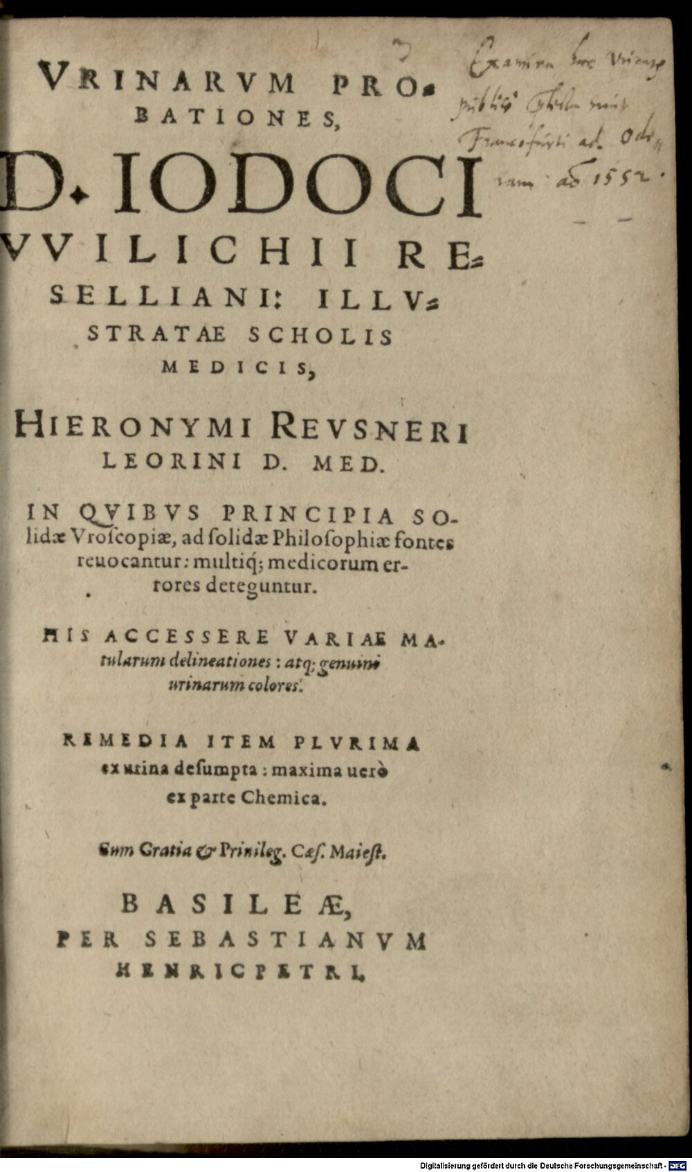 Willich, Jodocus: Urinarum Probationes, D. Iodoci Wilichii Reselliani Basileae 1582 (Res/A.gr.b. 1925#Beibd.3)