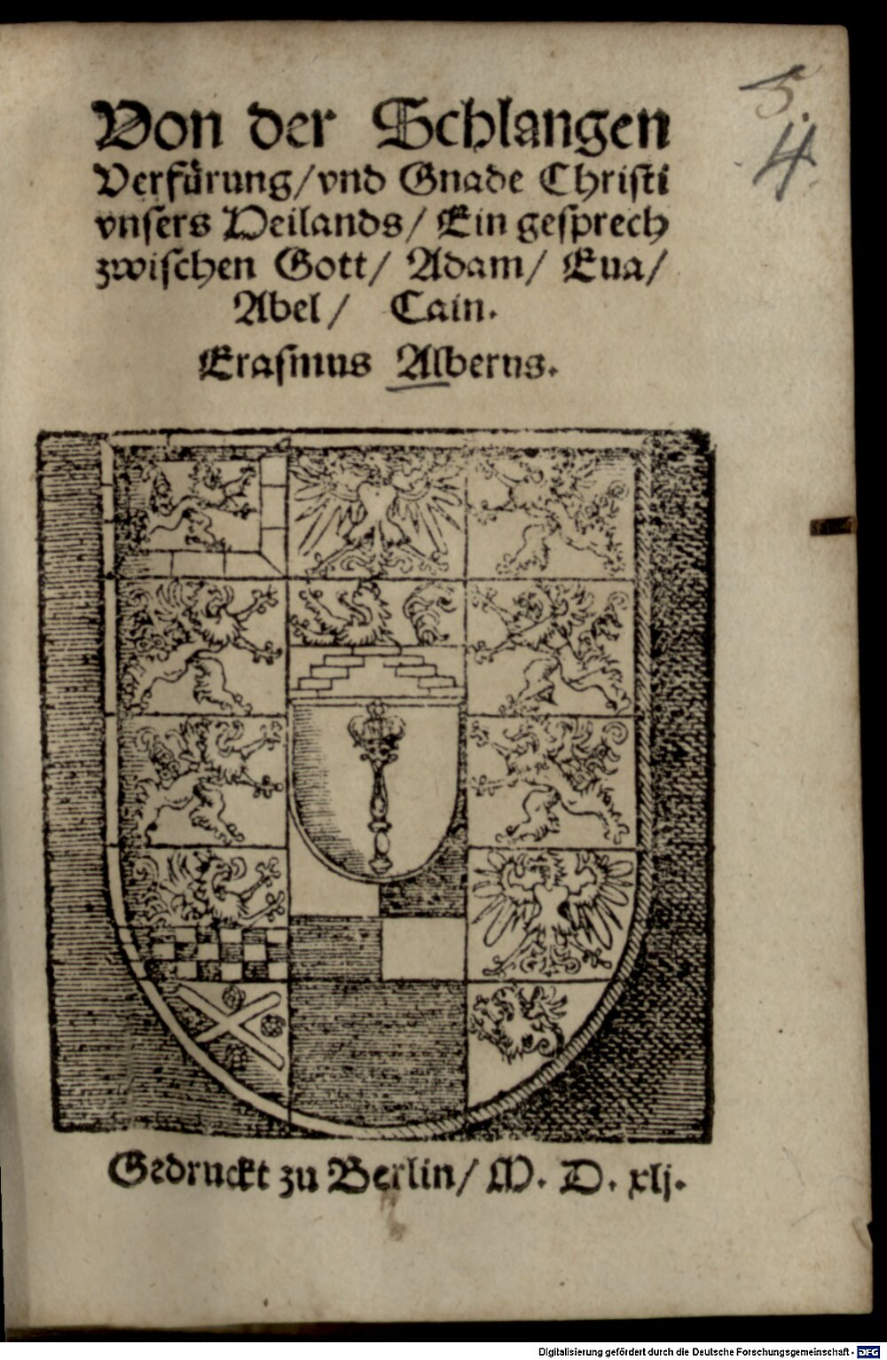 Alberus, Erasmus: Von der Schlangen Verfürung und Gnade Christi Berlin 1541 (Res/Asc. 4367#Beibd.4)