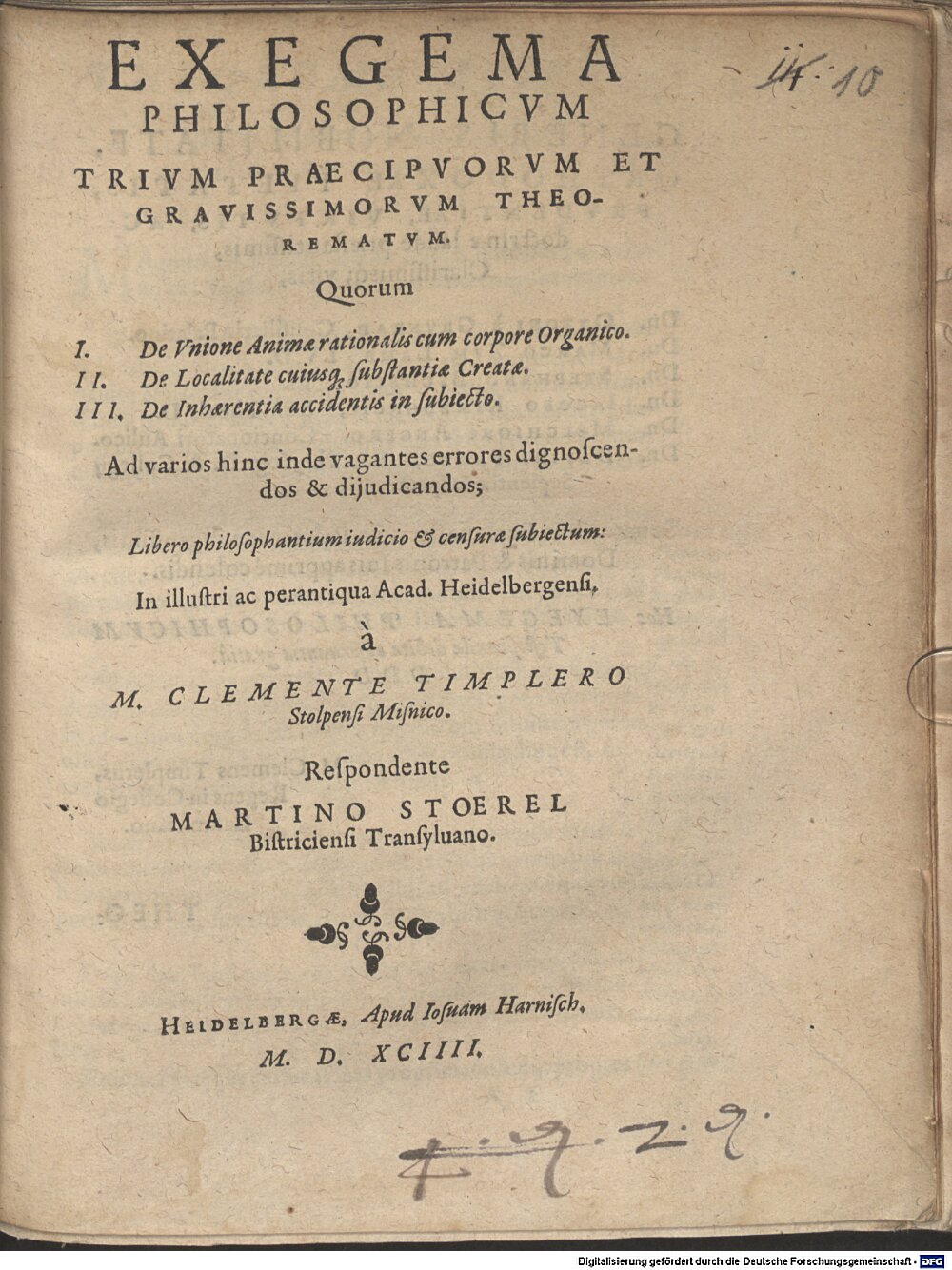 Templer, Clemens: Exegema philosophicum Heidelberga 1594 (4 Ded. 83#Beibd.10)