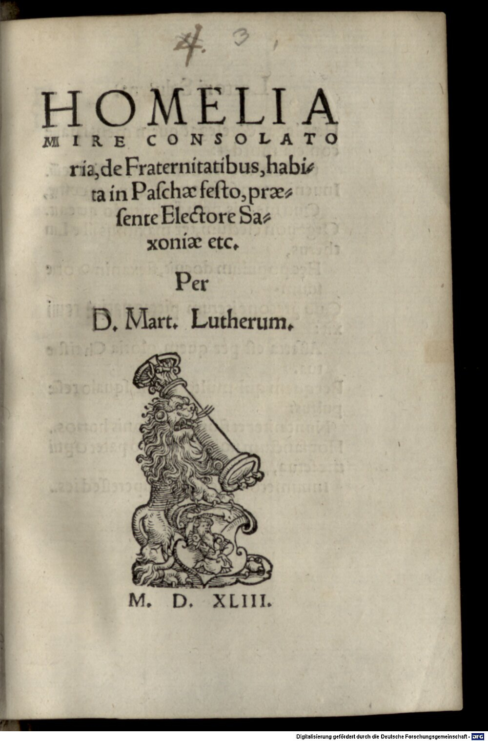 Luther, Martin: Homelia Mire Consolatoria de Fraternitatibus Argentorati 1543 (Res/Asc. 4039#Beibd.3)