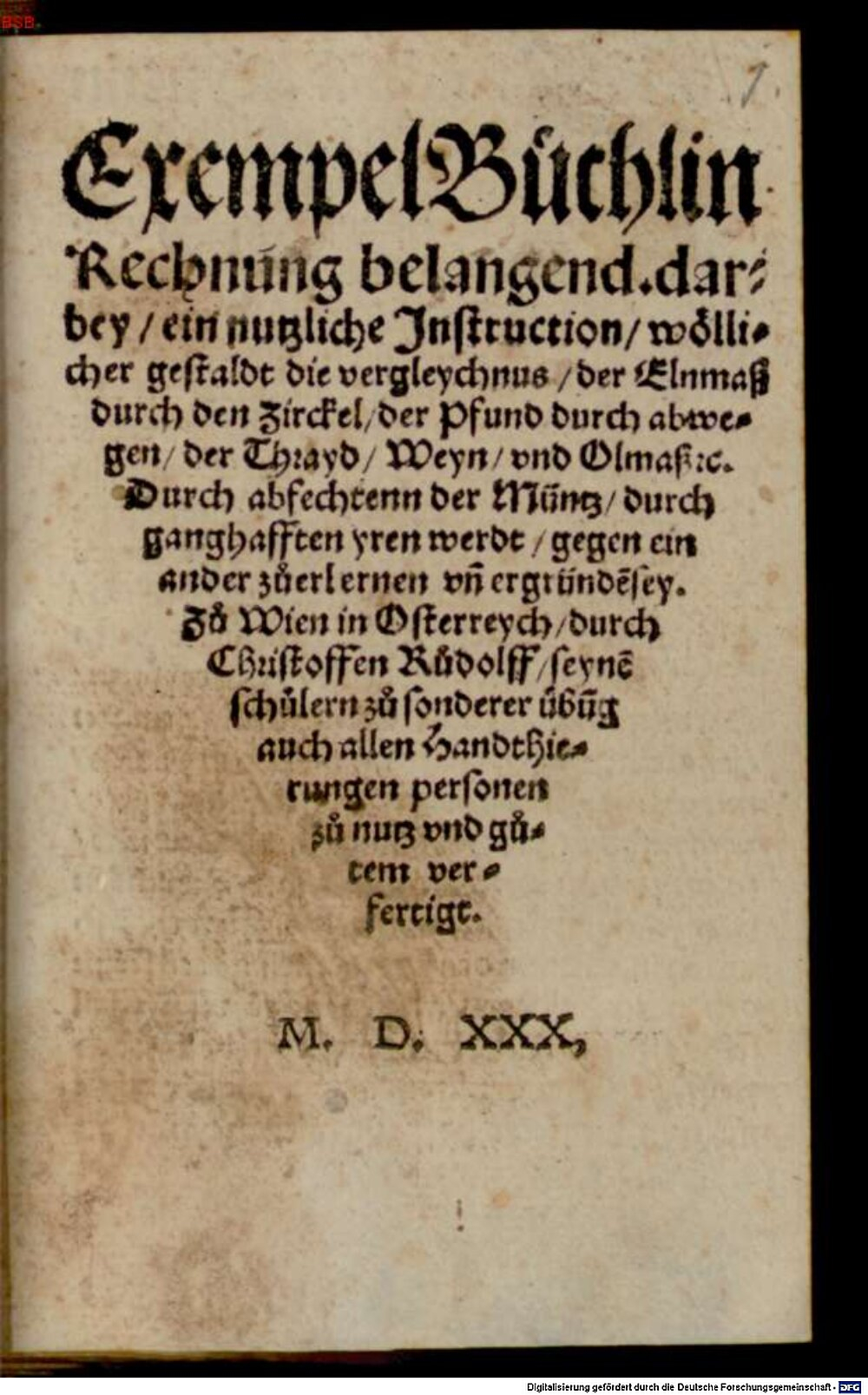 Rudolff, Christoff: Exempel-Büchlin, Rechnung belangend Augspurg 1530 (Res/Math.p. 156#Beibd.1)