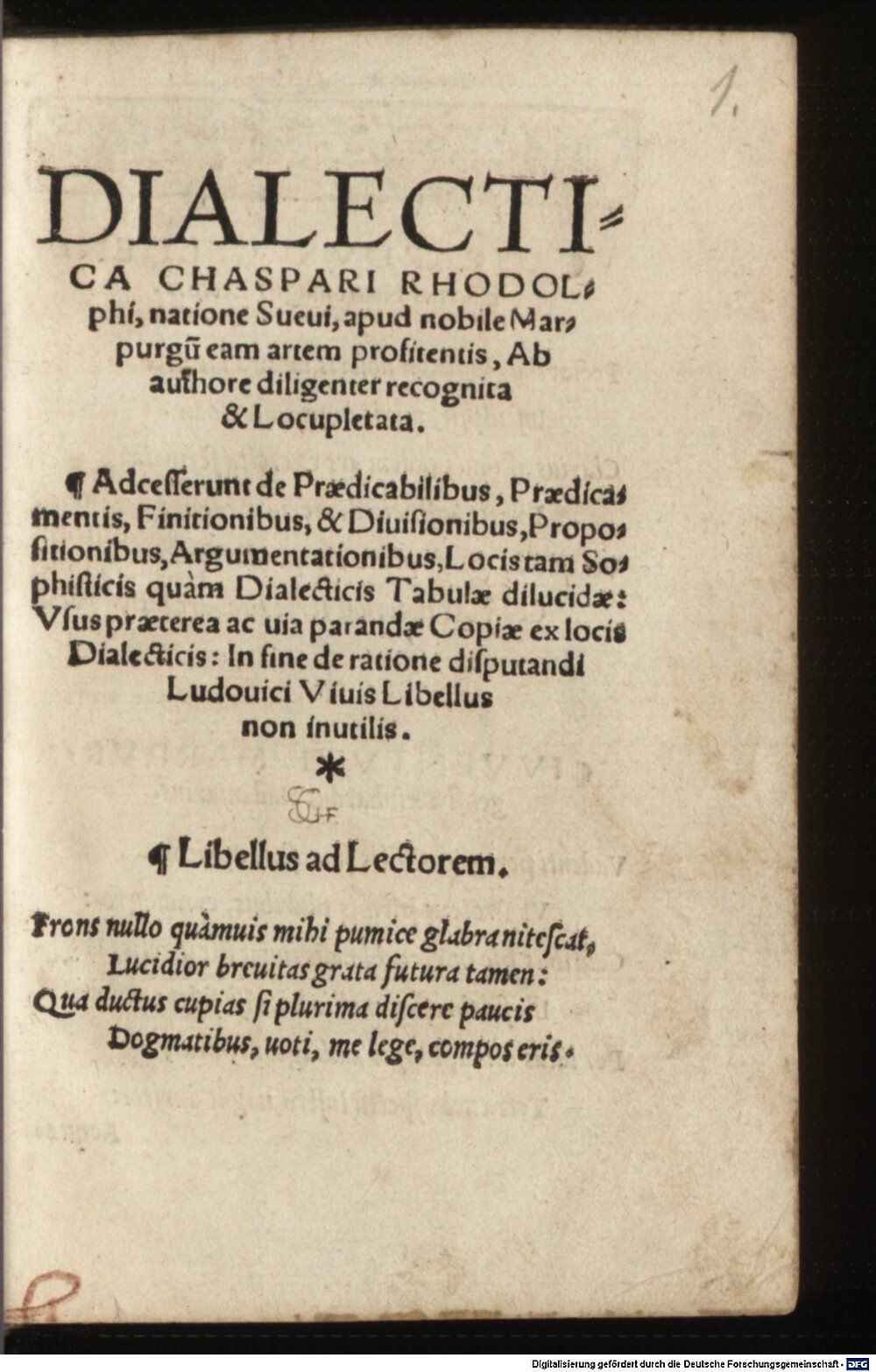 Caesarius, Johann: Dialectica Chaspari Rhodolphi Argentina 1537 (L.lat. 838 a#Beibd.1)