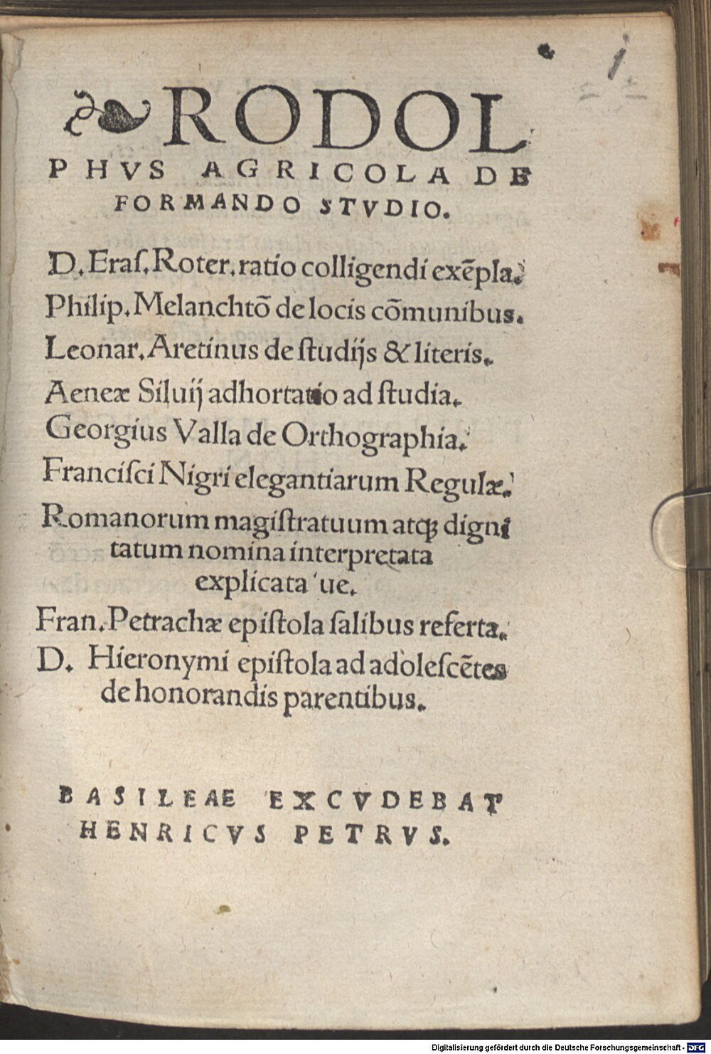 Agricola, Rudolf: Rodolphvs Agricola De Formando Stvdio Basileae 1533 (Res/Paed.th. 666#Beibd.1)