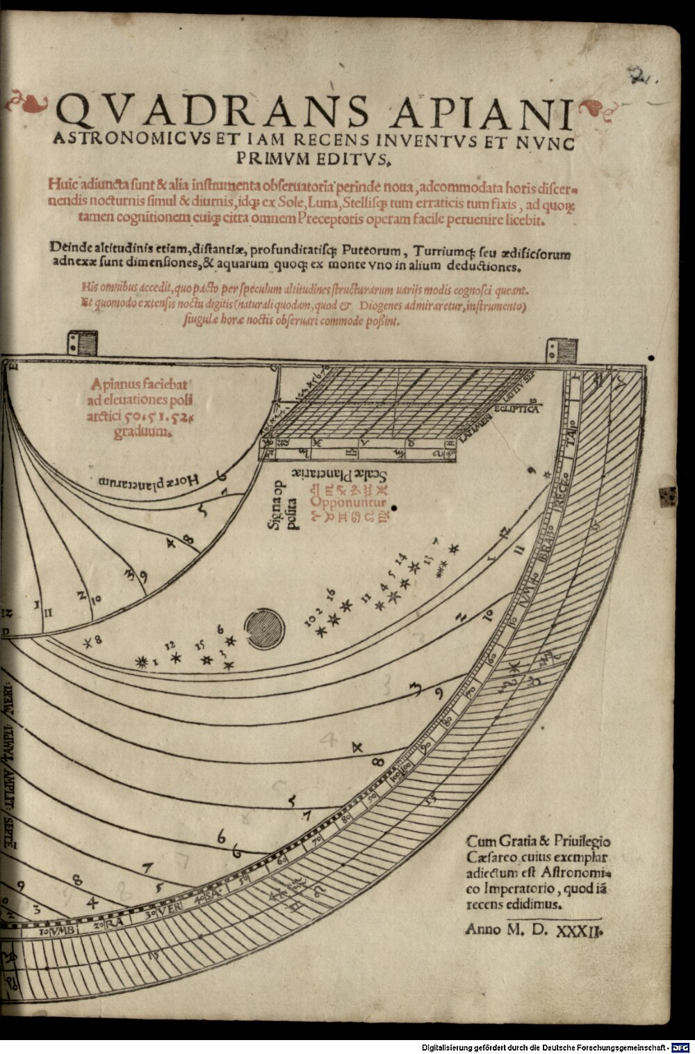 Apian, Petrus: Qvadrans Apiani Astronomicvs Et Iam Recens Inventvs Et Nvnc Primvm Editvs Ingolstadii 1532 (Res/2 Math.a. 13#Beibd.2)