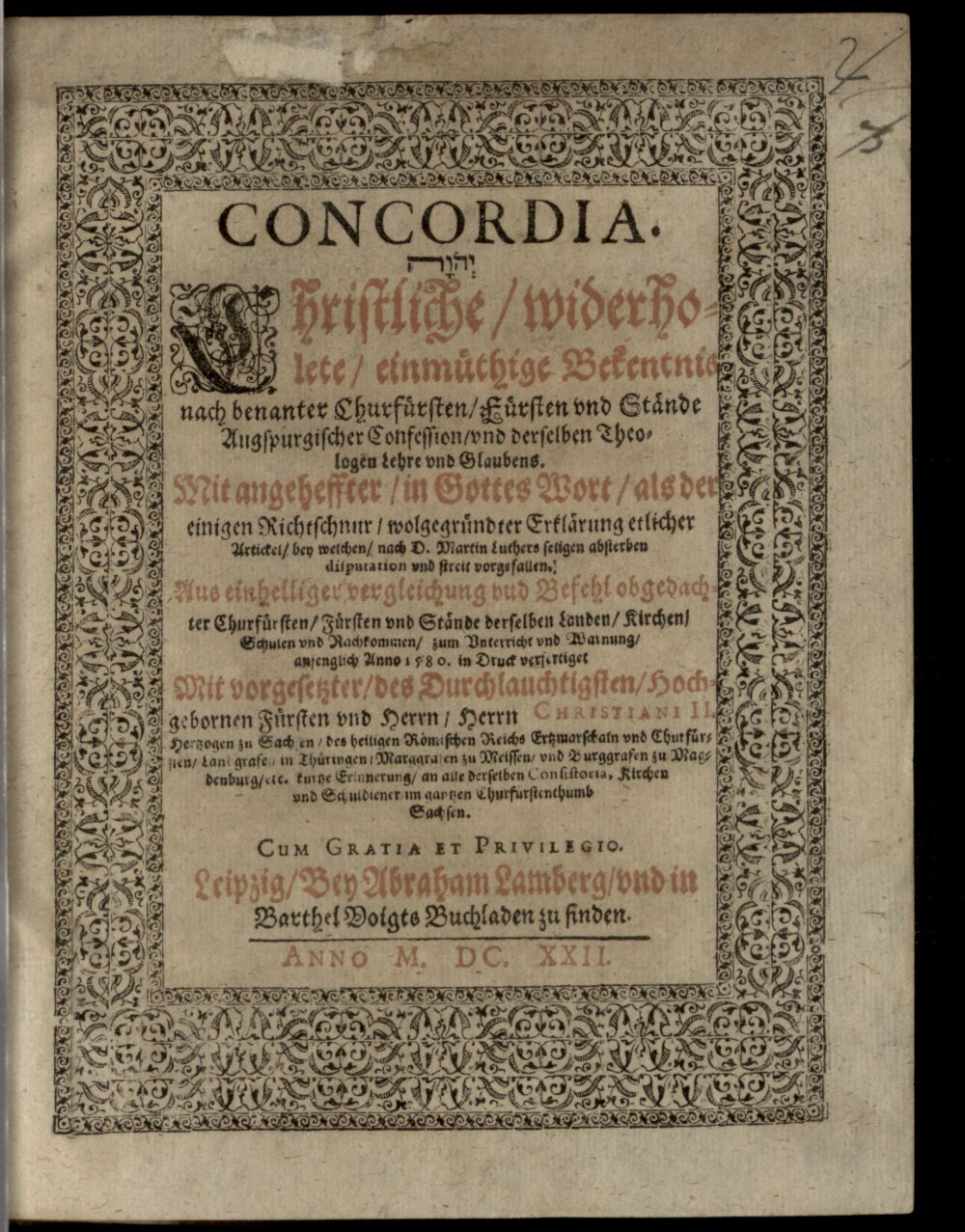 Christian <Sachsen, Herzog, II.>: Concordia Leipzig 1622 (Hom. 2098 h#Beibd.2)
