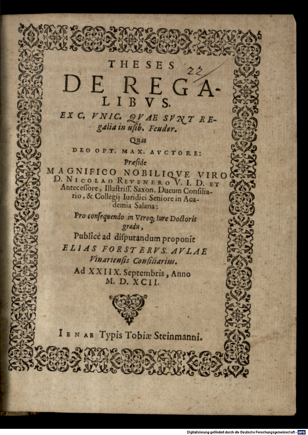 Reusner, Nikolaus: Theses de regalibus Ienae 1592 (4 Diss. 237#Beibd.22)