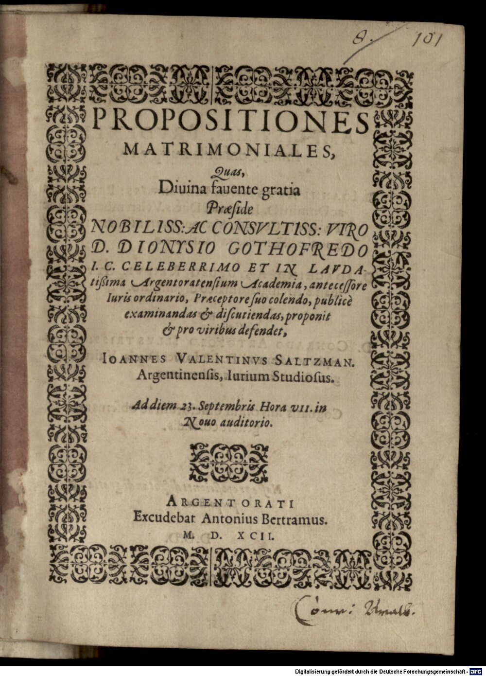 Godefroy, Denis: Propositiones matrimoniales Argentorati 1592 (4 Diss. 1344#Beibd.8)