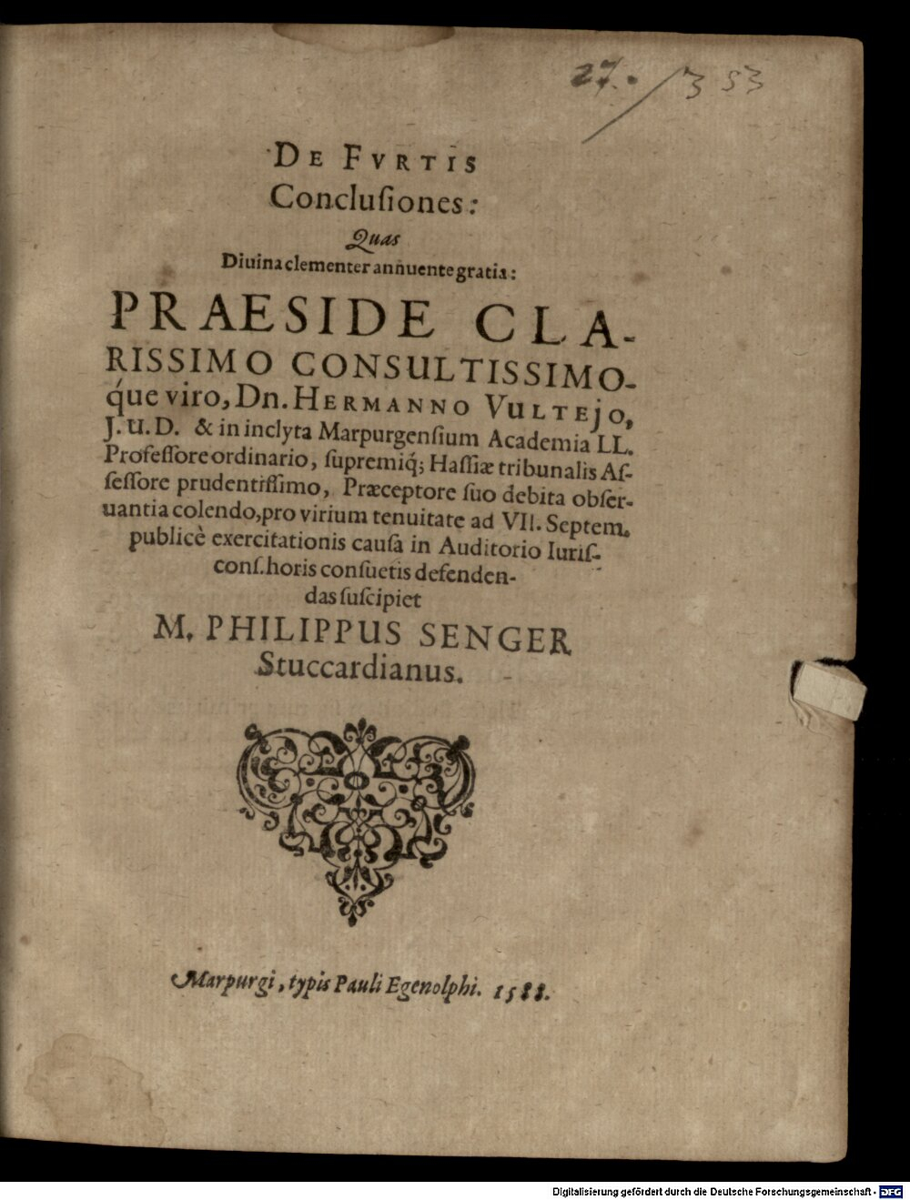 Vultejus, Hermann: De furtis conclusiones Marpurgi 1588 (4 Diss. 1344#Beibd.27)