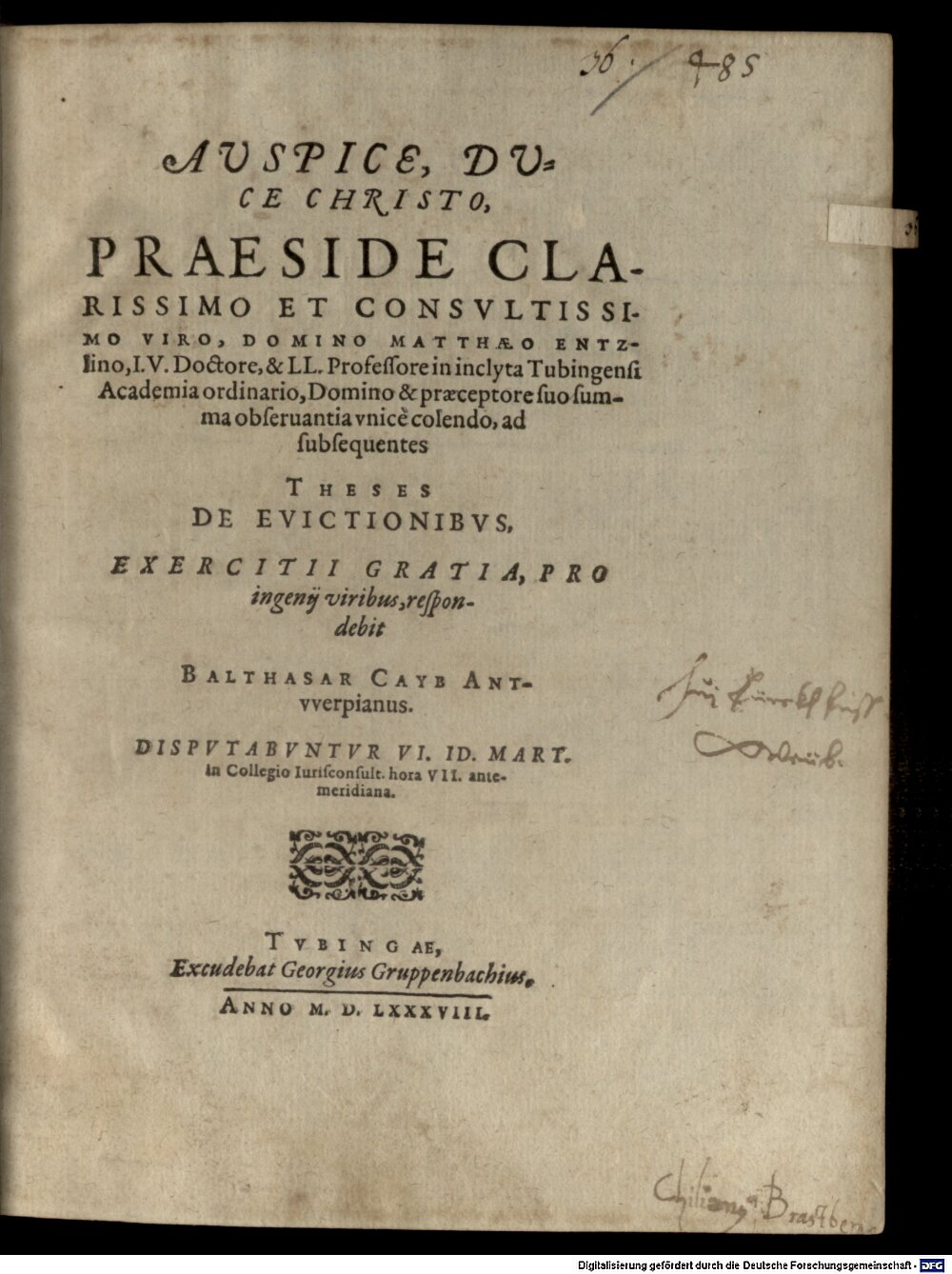 Entzlin, Matthaeus: Theses de evictionibus Tubingae 1588 (4 Diss. 1344#Beibd.36)