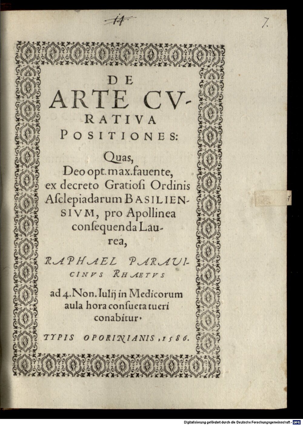 Paravicini, Raphael: De arte curativa positiones Basilea 1586 (4 Diss. 4982#Beibd.7)