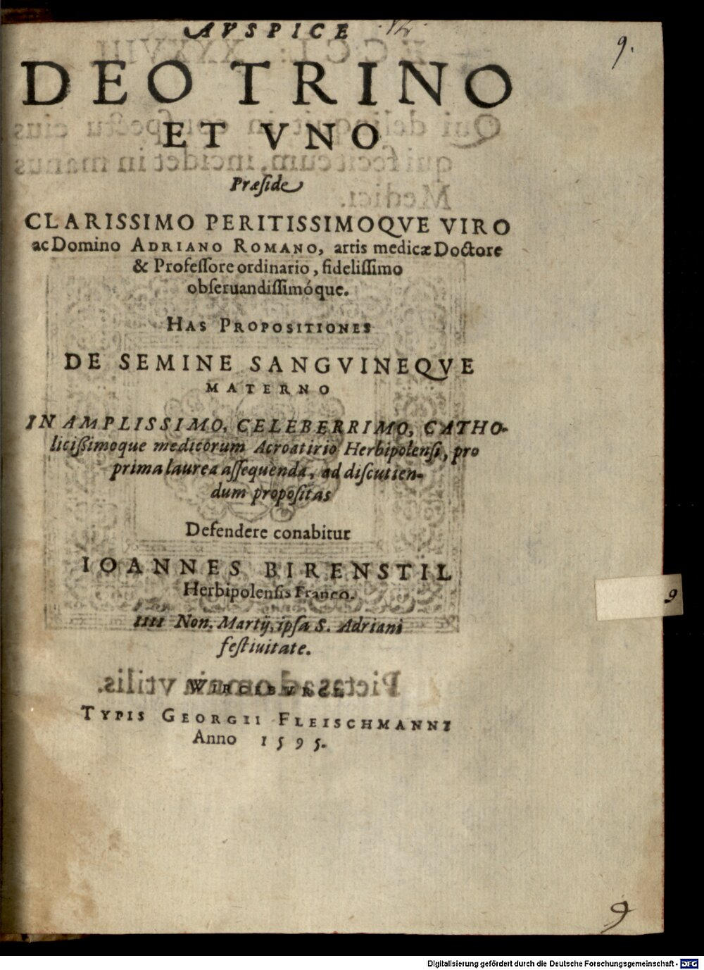 Roomen, Adriaan van: Auspice deo ... praeside Adriano Romano ... has Propositiones de semine sanguineque materno Wirceburgum 1595 (4 Diss. 4982#Beibd.9)