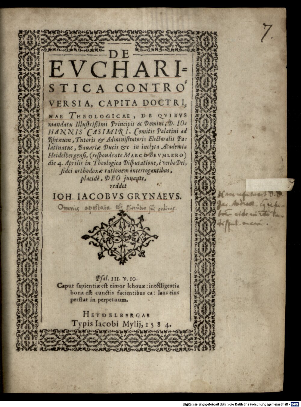 Grynaeus, Johann Jakob: De Evcharistica Controversia Capita Doctrinae Theologicae Heydelbergae 1584 (4 Diss. 2771#Beibd.7)