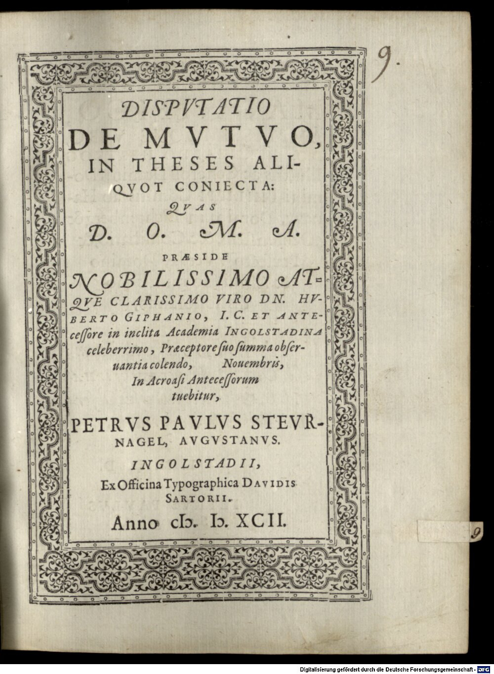 Giffen, Hubert van: Disputatio de mutuo, in theses aliquot coniecta Ingolstadii 1592 (4 Diss. 2897#Beibd.9)