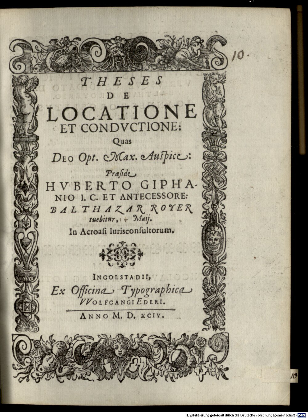 Giffen, Hubert van: Theses De Locatione Et Condvctione Ingolstadii 1594 (4 Diss. 2897#Beibd.10)