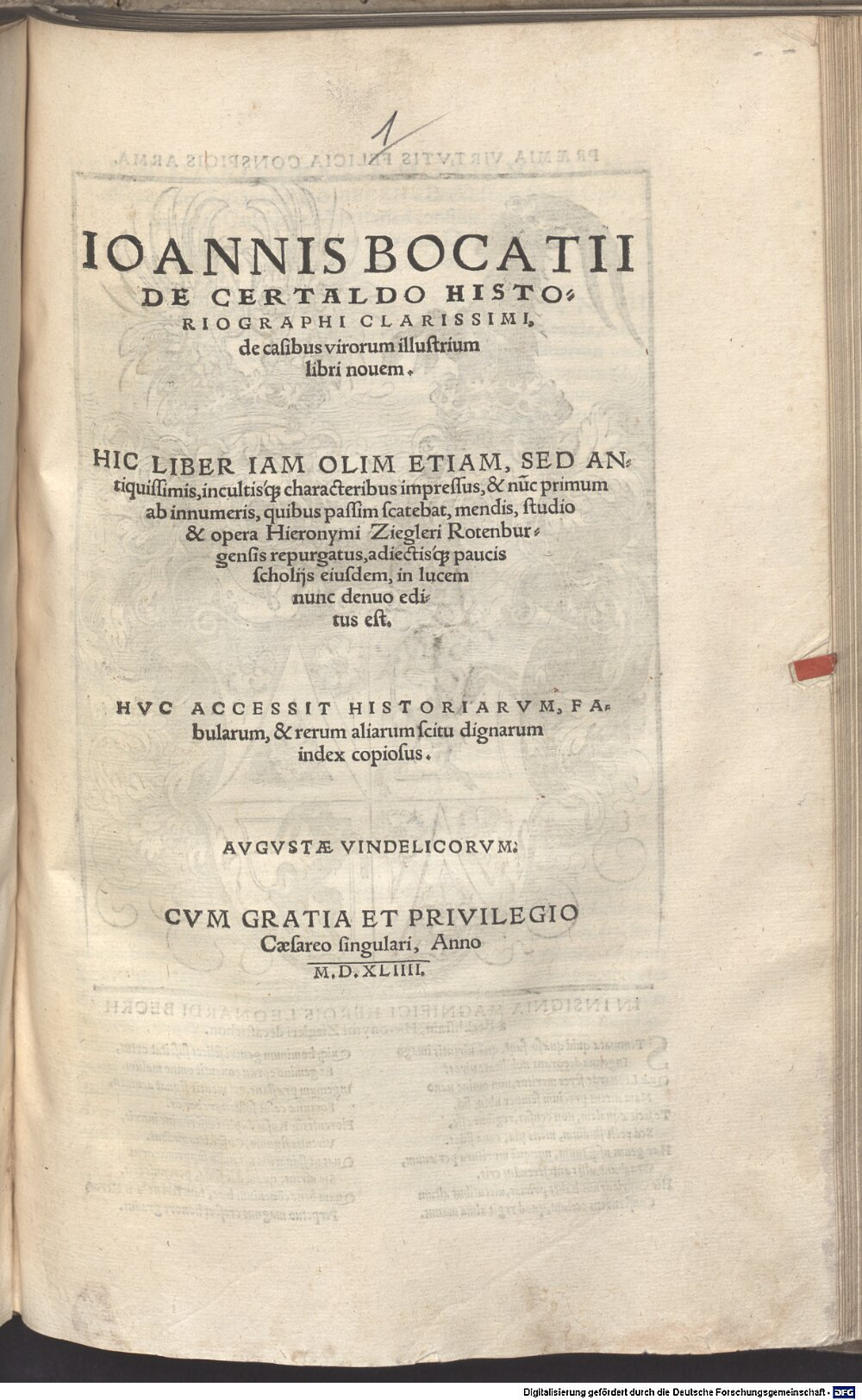 Boccaccio, Giovanni: Ioannis Bocatii De Certaldo Historiographi Clarissimi, de casibus virorum illustrium libri nouem Avgvstae Vindelicorvm 1544 (2 L.impr.c.n.mss. 1003#Beibd.1)