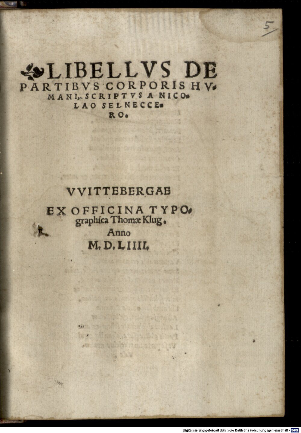 Selnecker, Nikolaus: Libellus de partibus corporis humani Wittebergae 1554 (J.publ.g. 1052 p#Beibd.5)