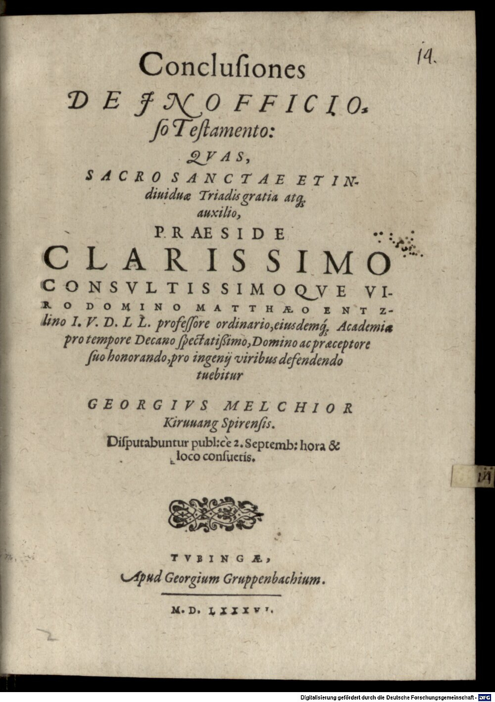 Entzlin, Matthaeus: Conclusiones De Inofficioso Testamento Tubingae 1586 (4 Diss. 1467#Beibd.14)